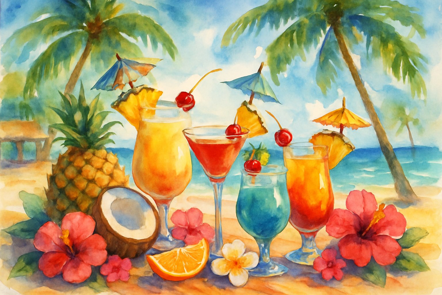 A tropical beach bar scene with colorful Hawaiian cocktails garnished with fruit and flowers, surrounded by palm trees, tropical fruits, and a calm ocean in the background.