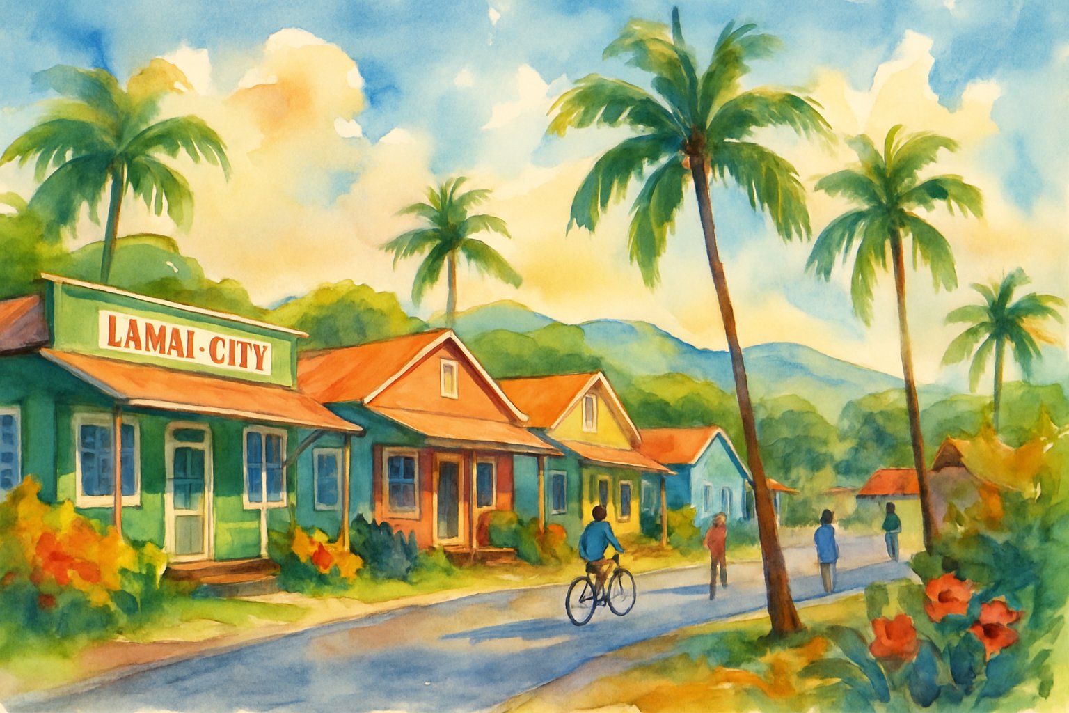 A small tropical town with colorful buildings, palm trees, people walking and biking on a street, hills in the background, and bright flowers.