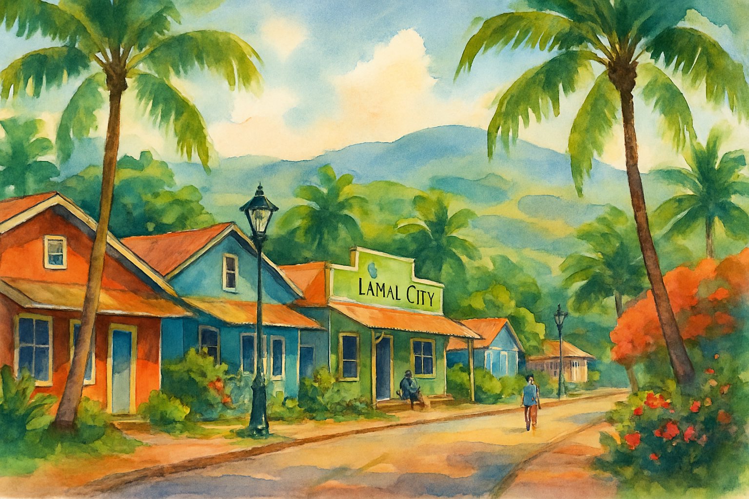 A small tropical town street with colorful buildings, palm trees, hills in the background, and a few people walking or sitting outside.