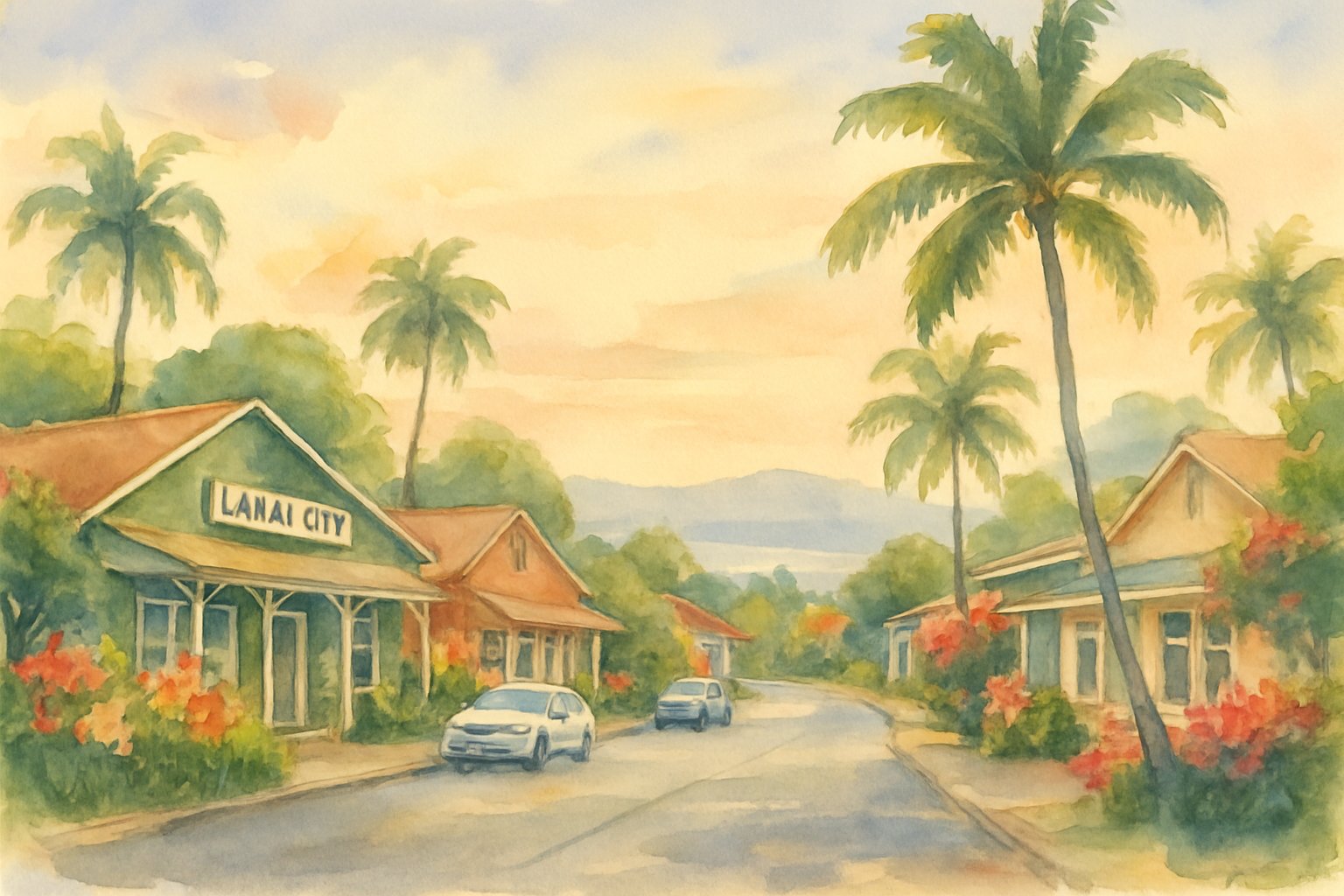 A peaceful small town with tropical buildings, palm trees, a quiet street, hills, and ocean in the background.