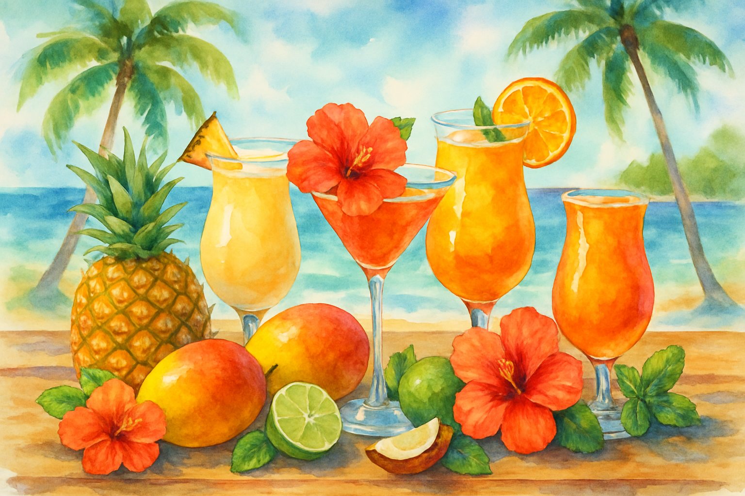 A tropical scene with a wooden table holding fresh pineapples, mangoes, coconuts, limes, hibiscus flowers, mint, and colorful cocktail glasses, with palm trees and ocean in the background.