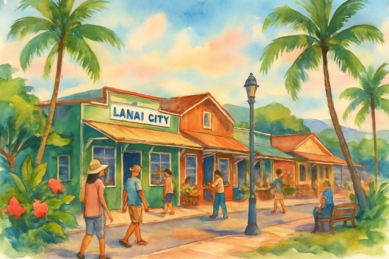 A small town street with colorful buildings, palm trees, and people walking and enjoying the area on a sunny day.