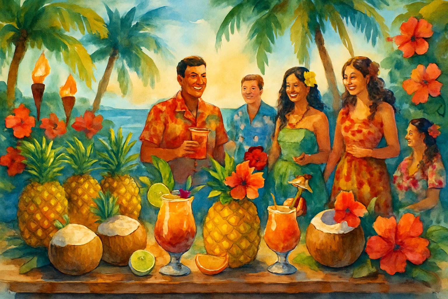 A tropical outdoor scene with a wooden bar displaying colorful Hawaiian drinks and fruits, surrounded by people in festive attire under palm trees near the ocean.