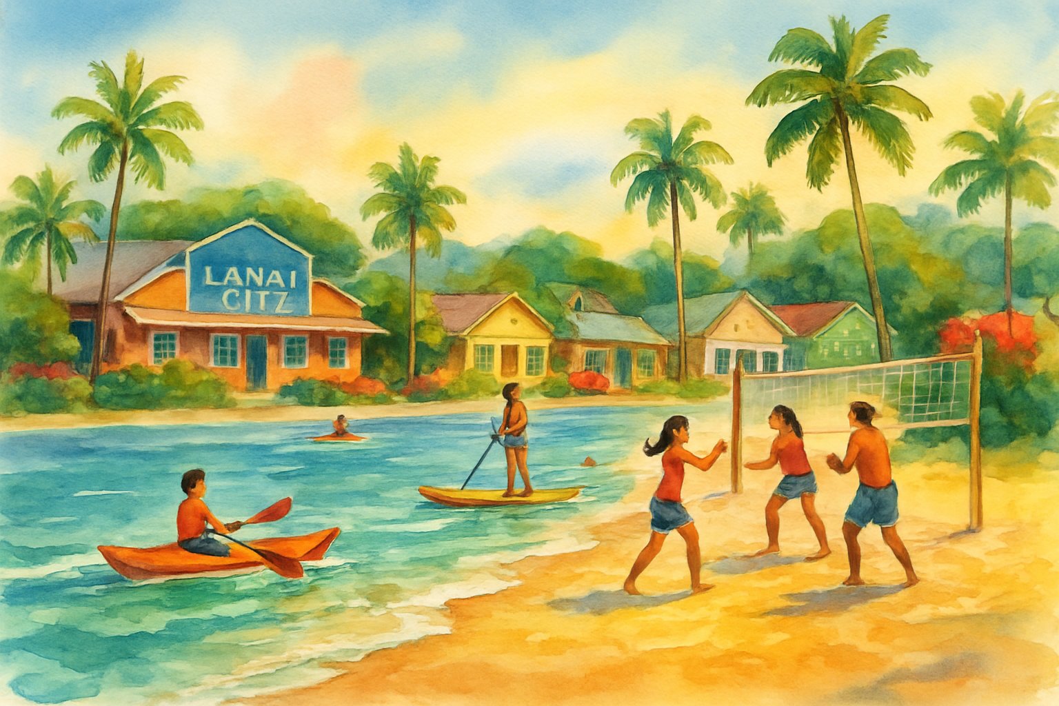 A small tropical town by the beach with people kayaking, paddleboarding, and playing volleyball near palm trees and colorful buildings.