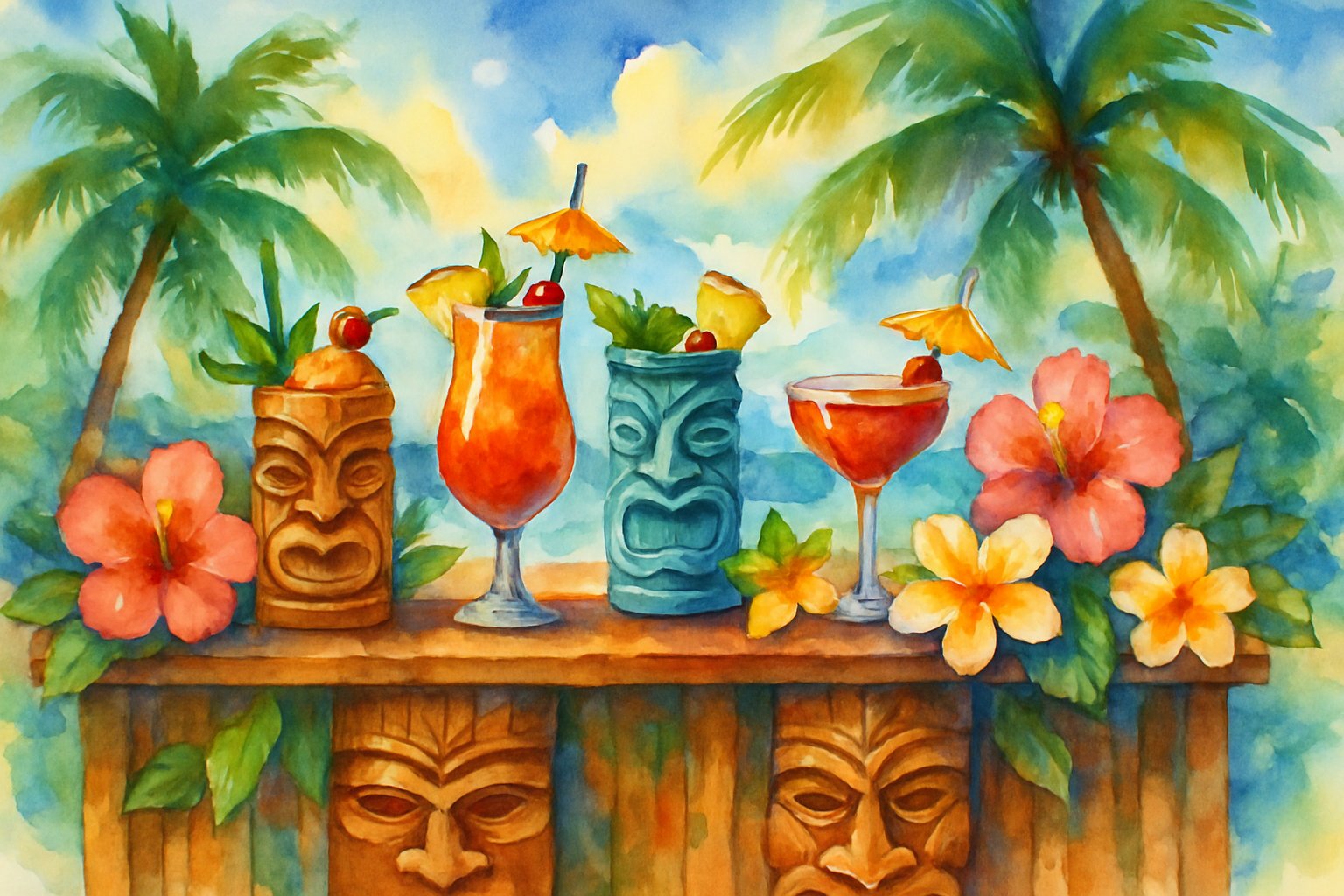 A tropical tiki bar with colorful cocktails, tiki masks, tropical flowers, palm trees, and a beach in the background.