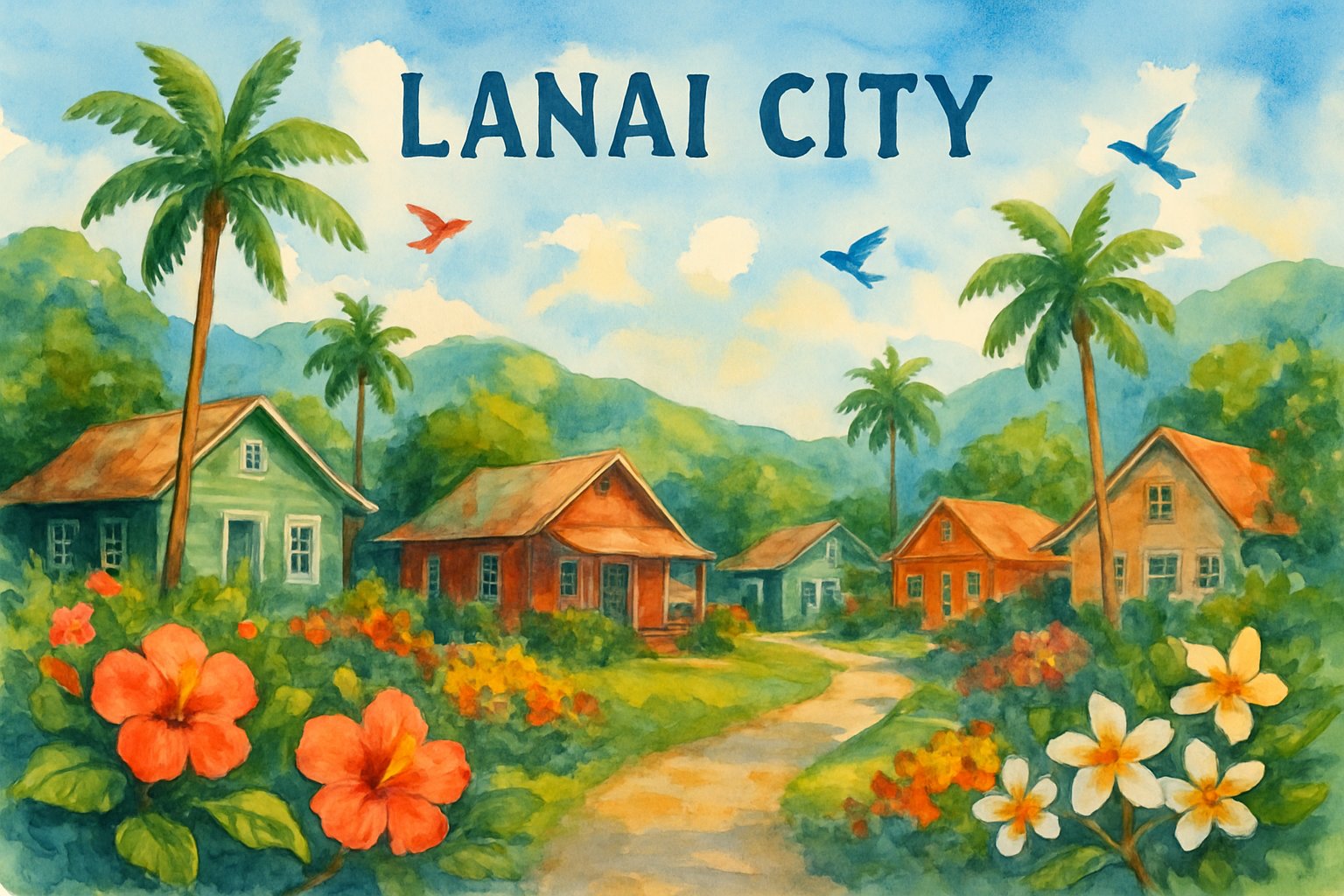 A small tropical town with charming buildings, palm trees, flowering plants, and green hills under a blue sky.