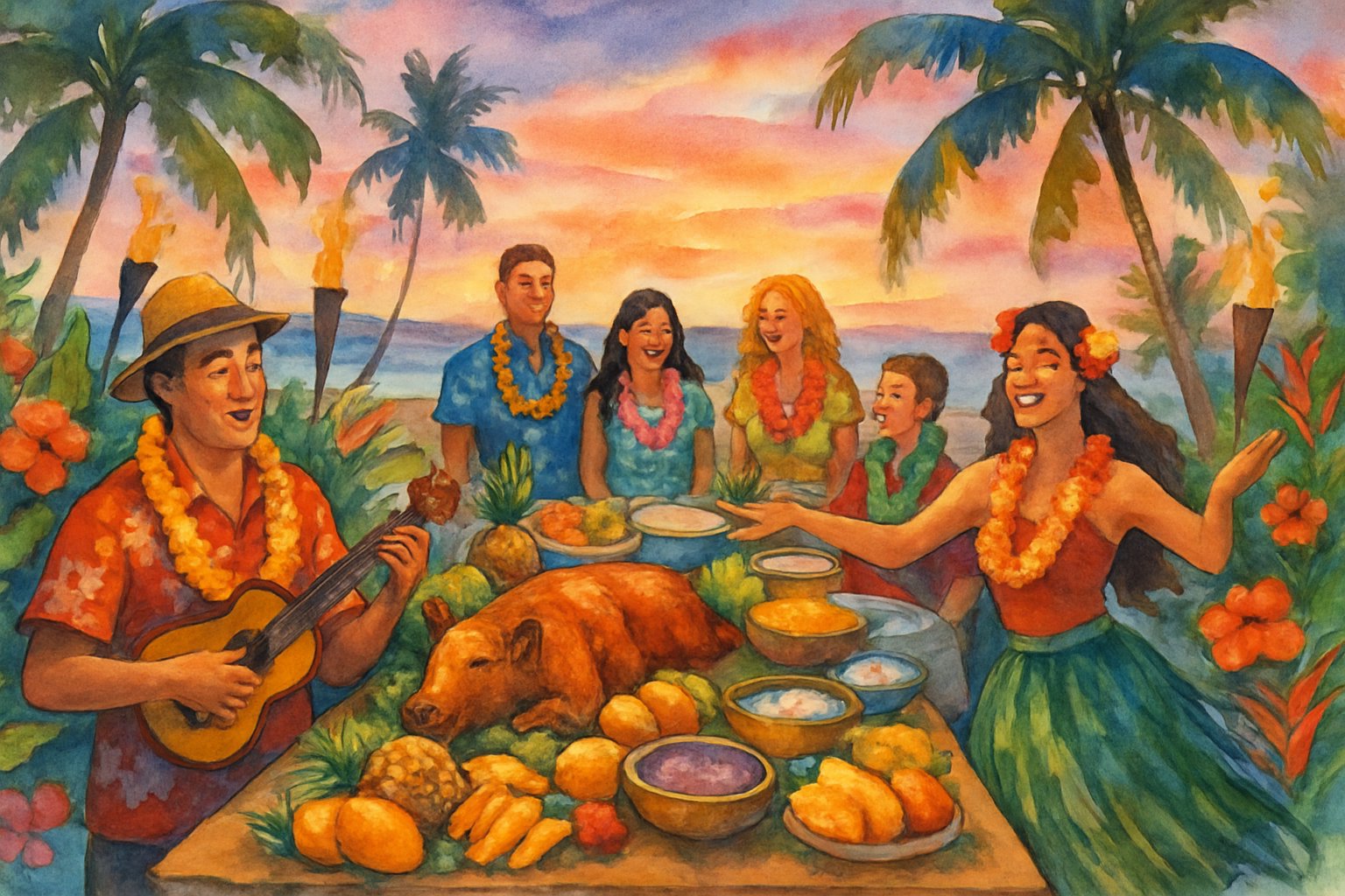 People enjoying a Hawaiian luau feast outdoors with traditional food, tropical plants, and musicians playing ukulele as others dance.