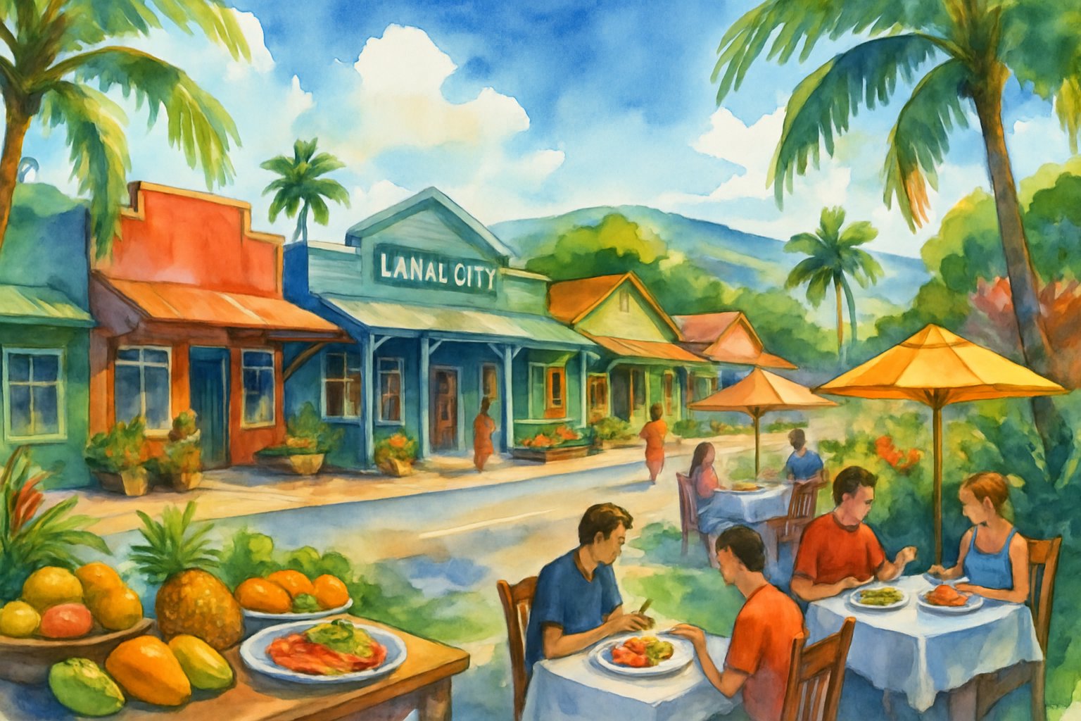 A small town street with outdoor cafes, local shops, palm trees, and people enjoying meals surrounded by tropical greenery and hills.