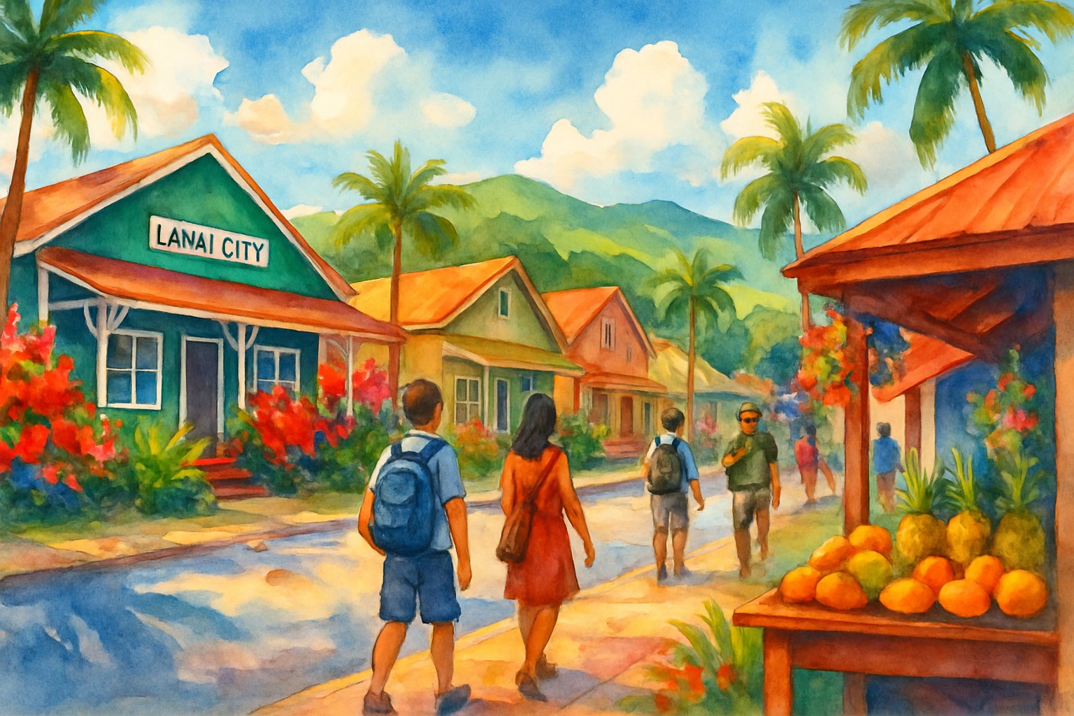 A small Hawaiian town with colorful buildings, palm trees, green hills, and people walking on the streets under a blue sky.