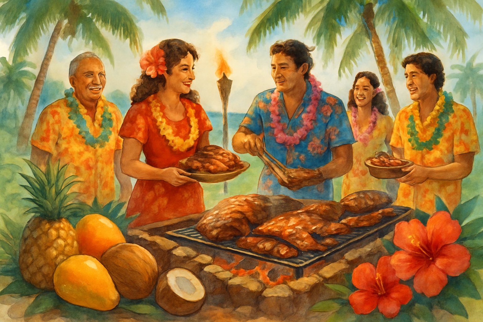 People in traditional Hawaiian clothing gather around a wooden fire pit cooking food outdoors near palm trees and a beach with tropical fruits nearby.
