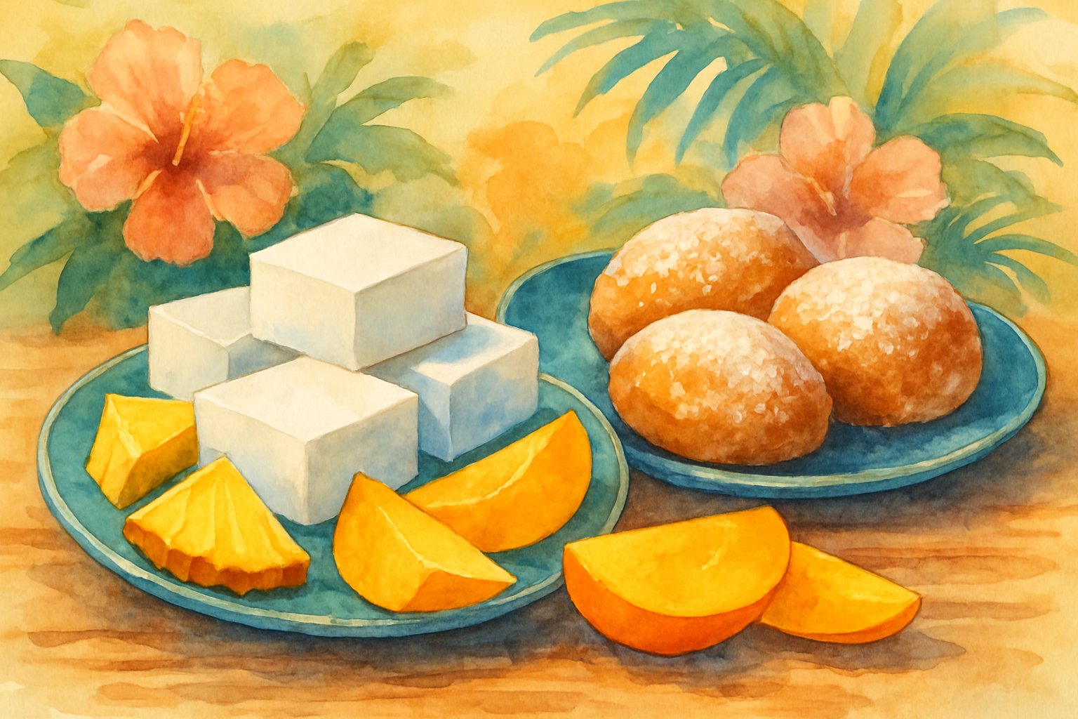 A table displaying traditional Hawaiian desserts including haupia squares, malasadas, and tropical fruits with tropical flowers and leaves in the background.