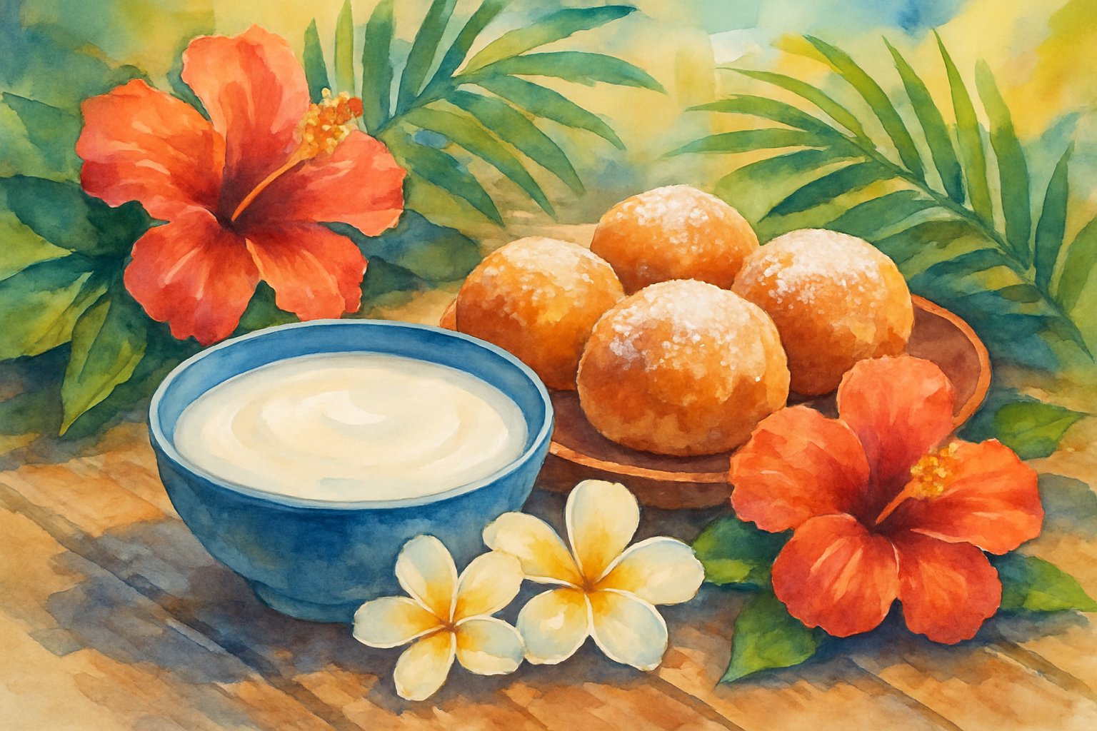 A table displaying traditional Hawaiian desserts including creamy haupia and golden malasadas, surrounded by tropical flowers and palm leaves.