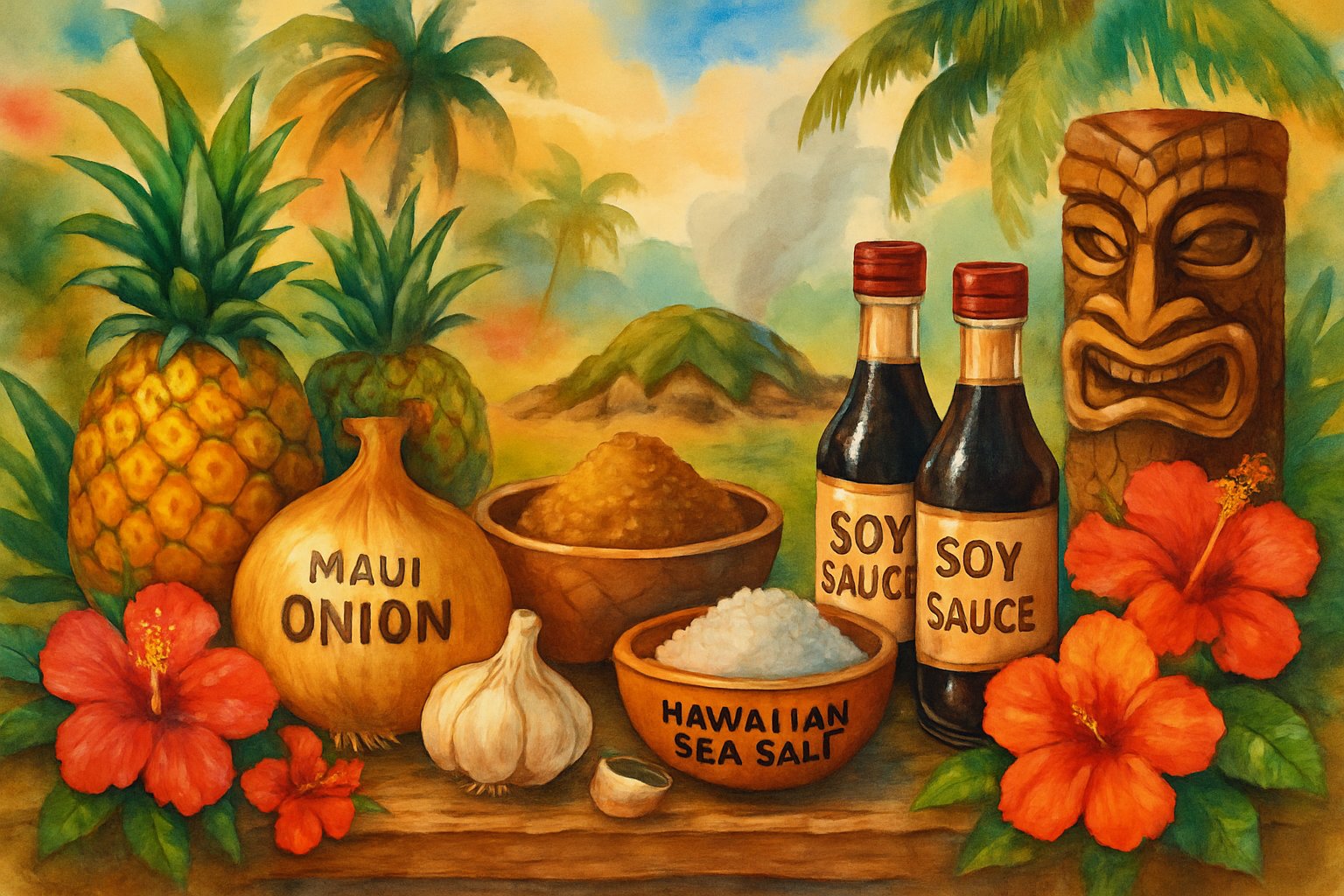 A table with tropical fruits, vegetables, and spices next to Hawaiian cultural items and a traditional underground oven with smoke rising.