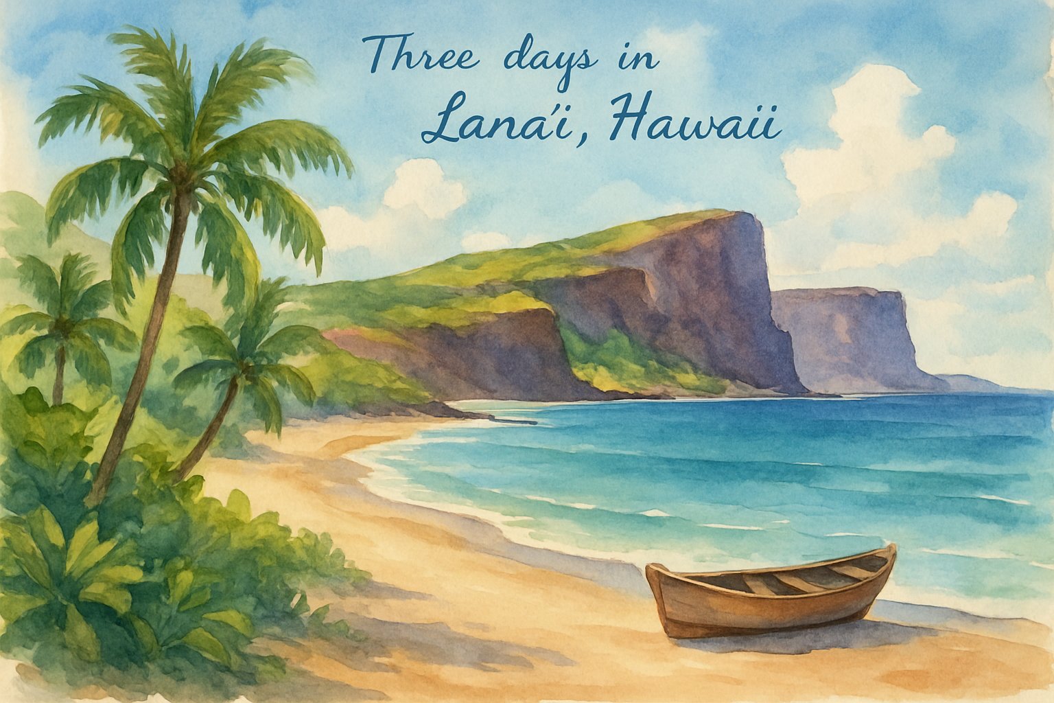 A peaceful beach with golden sand, turquoise water, palm trees, a wooden boat, and volcanic cliffs in the background.