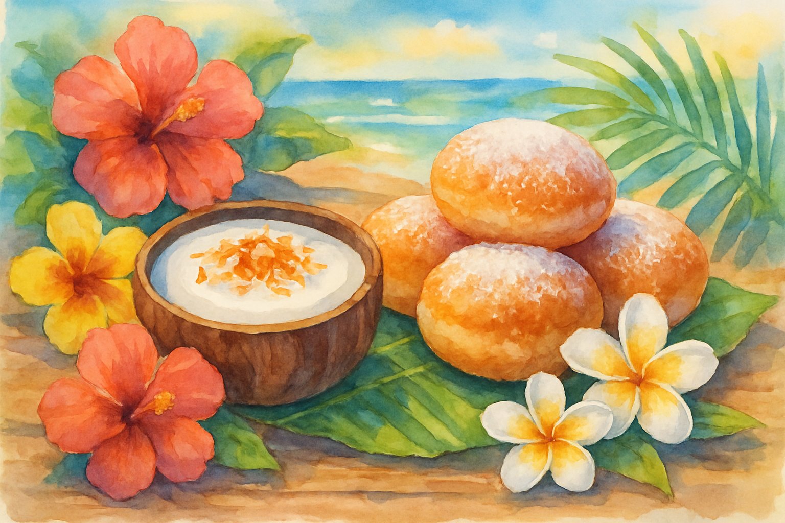 A table displaying traditional Hawaiian desserts including haupia pudding in a coconut bowl and powdered sugar-coated malasadas, surrounded by tropical flowers and palm leaves with a beach scene in the background.