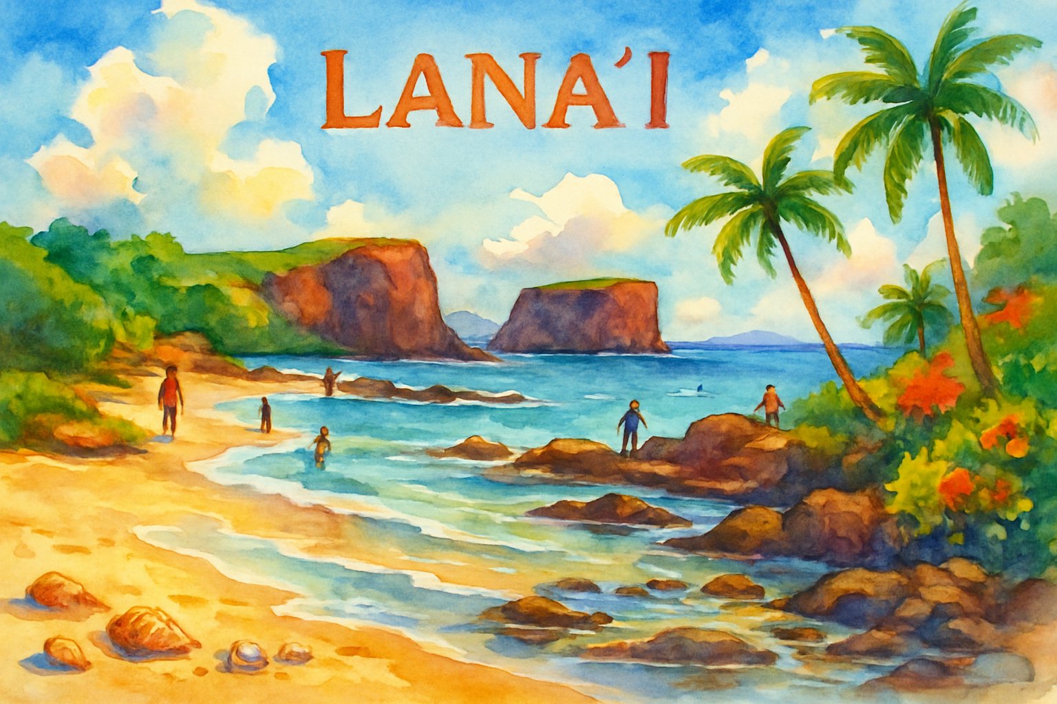 A peaceful beach scene with sandy shore, gentle waves, rocky cliffs, palm trees, and people walking along the coast.