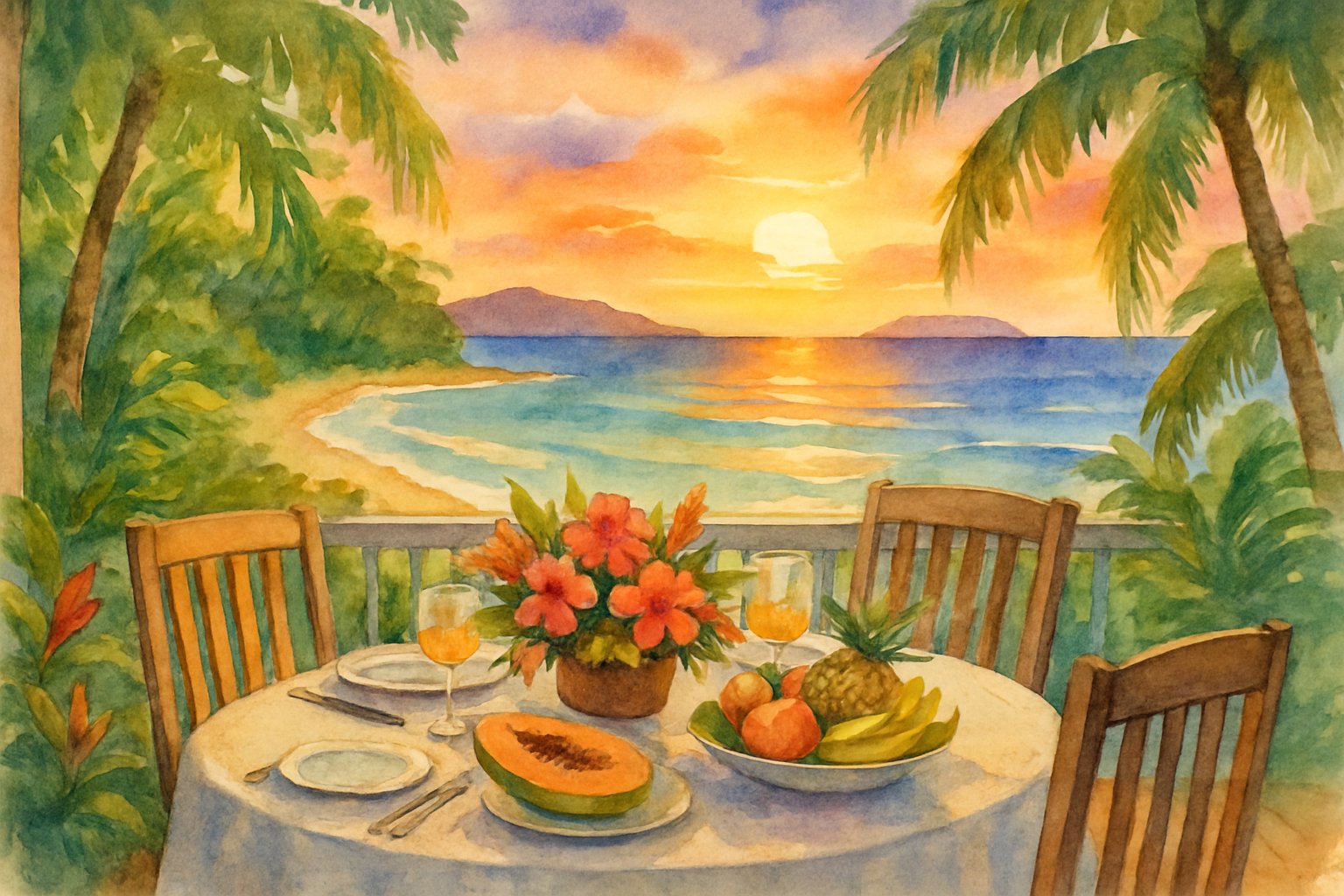 A tropical outdoor dining area on a wooden deck overlooking the ocean at sunset, surrounded by palm trees and greenery.