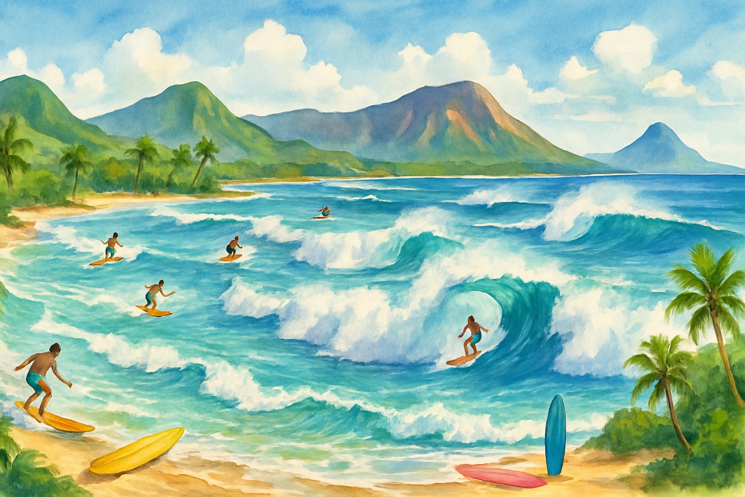 A scenic view of multiple Hawaiian beaches with surfers riding waves, palm trees along the shore, and volcanic mountains in the background under a blue sky.