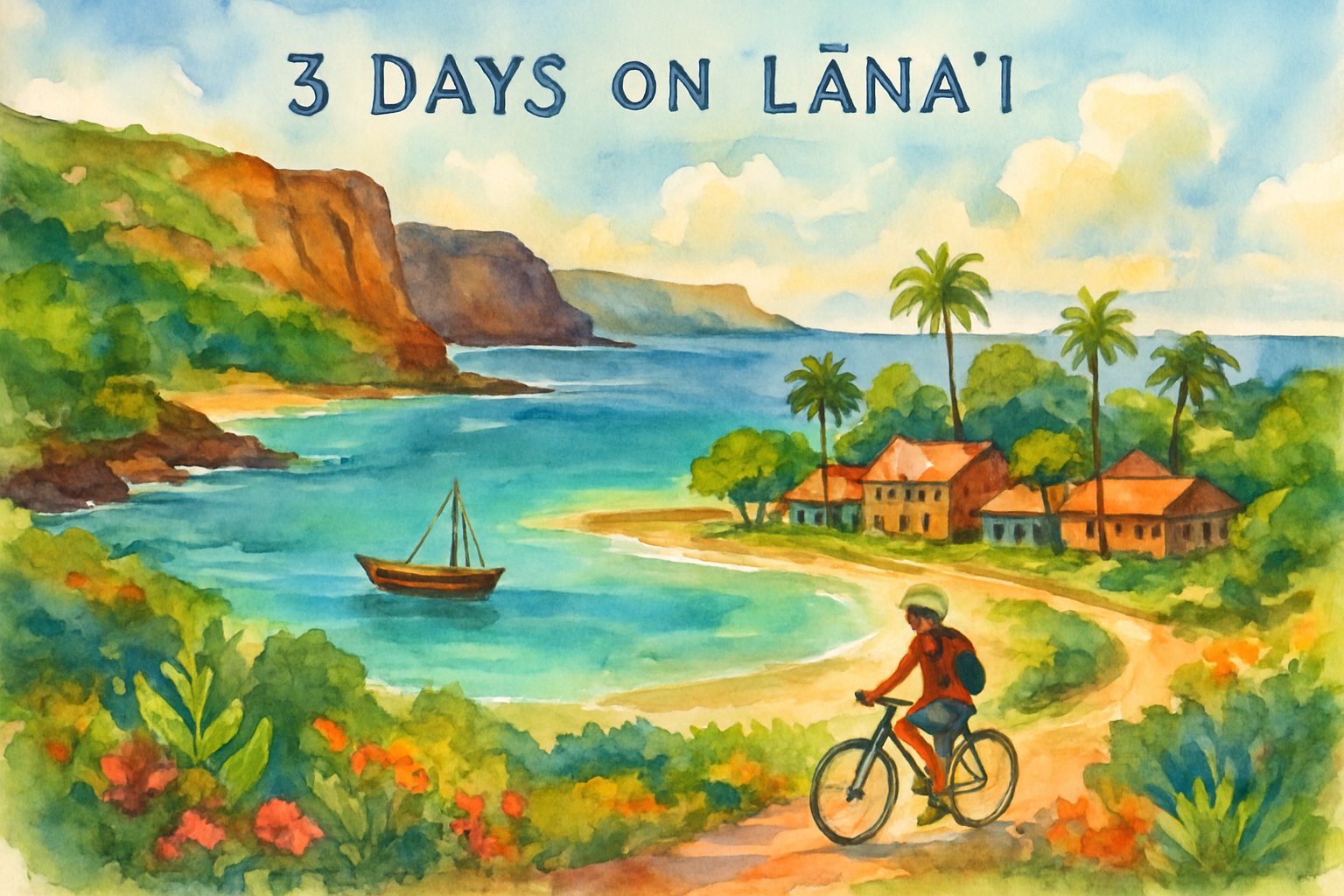 A coastal island scene with turquoise water, sandy beaches, tropical greenery, cliffs, a small town, a person riding a bicycle on a path, and a wooden boat on calm water.