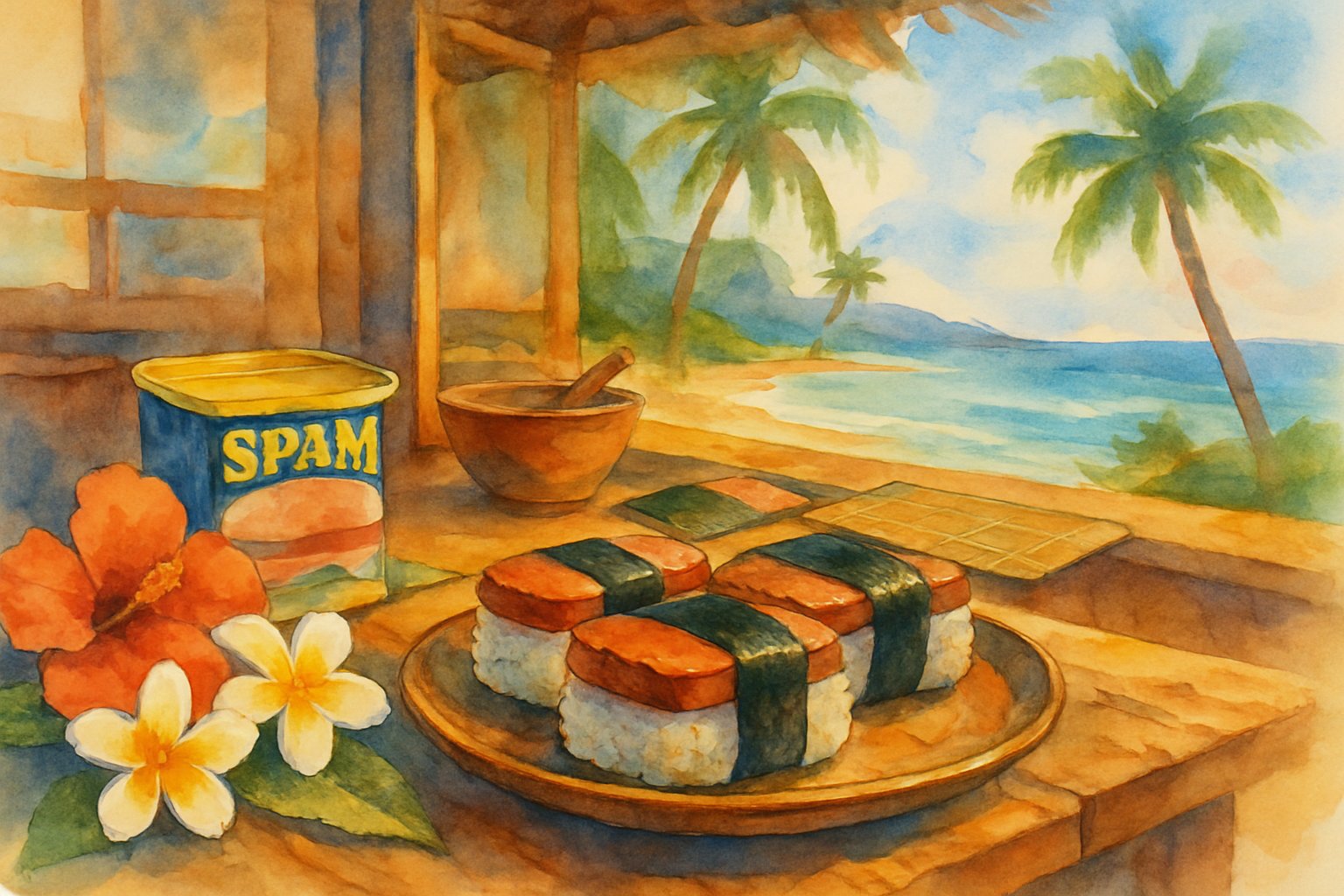 A Hawaiian kitchen scene with a wooden table holding Spam Musubi wrapped in seaweed and rice, tropical flowers, a vintage Spam can, and a beach with palm trees in the background.