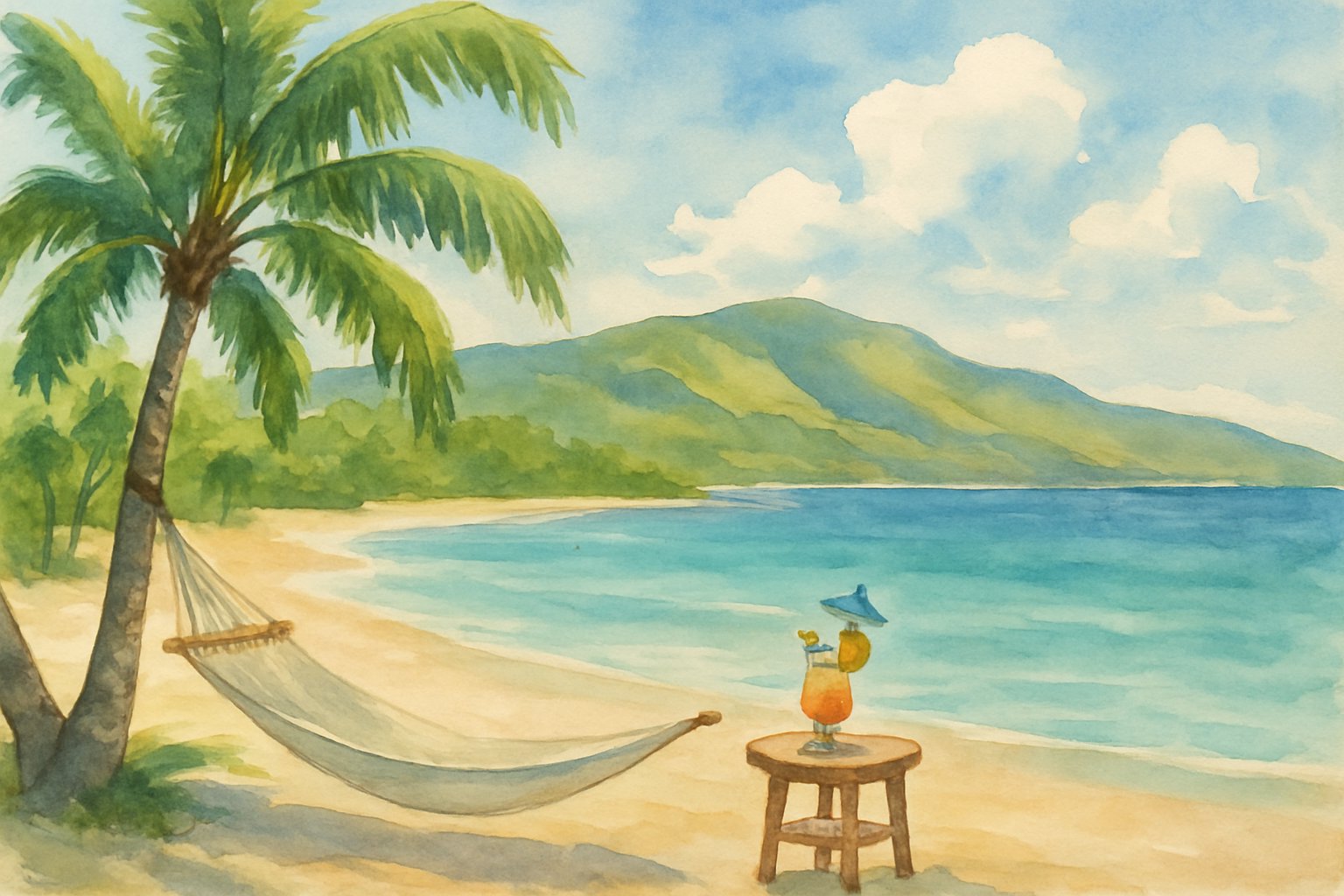 A peaceful tropical beach with palm trees, a hammock, a small table with a drink, calm ocean, and green hills under a blue sky.