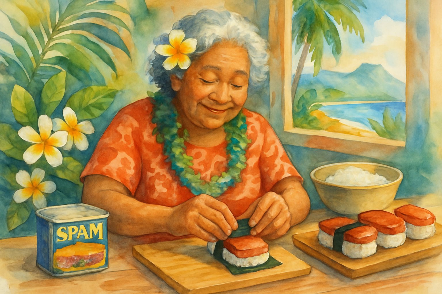 A woman preparing Spam Musubi in a kitchen with tropical plants and a sunny view outside.