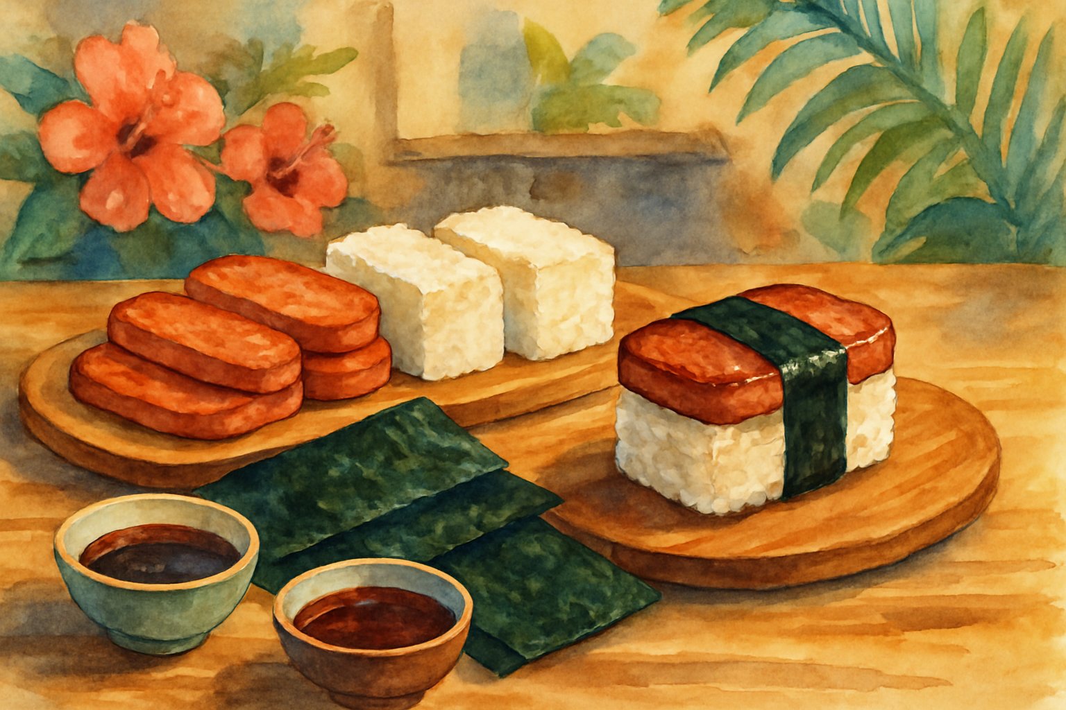 A table with ingredients for making Spam Musubi, including grilled Spam slices, rice, seaweed sheets, and bowls of sauce, set in a cozy kitchen with tropical decorations.