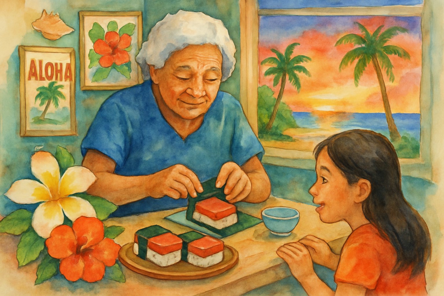 An elderly person making Spam Musubi in a Hawaiian kitchen while a younger person watches, with tropical flowers and a beach scene in the background.