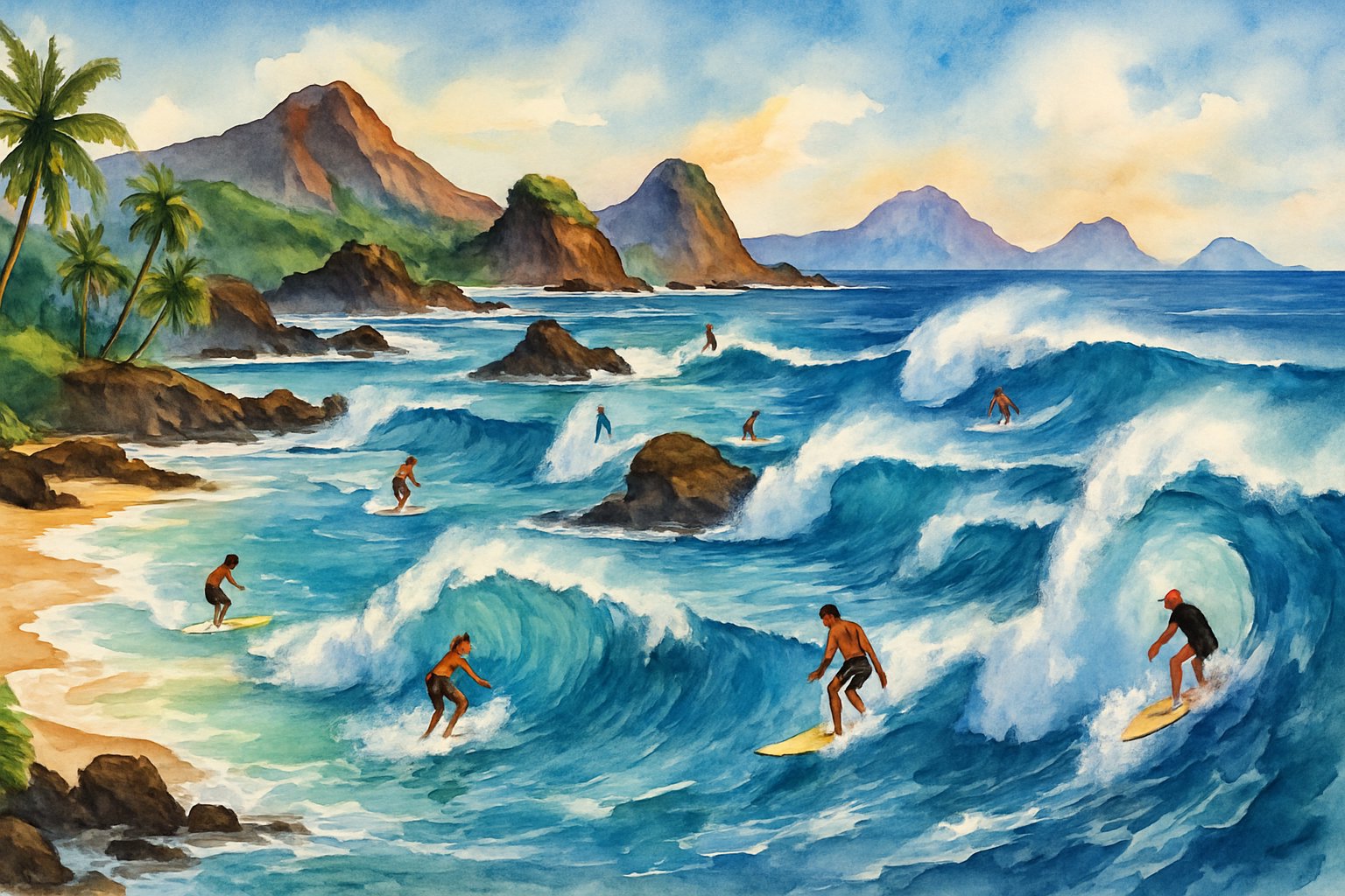 A panoramic view of several Hawaiian beaches with surfers riding waves, palm trees, volcanic rocks, and clear blue skies.