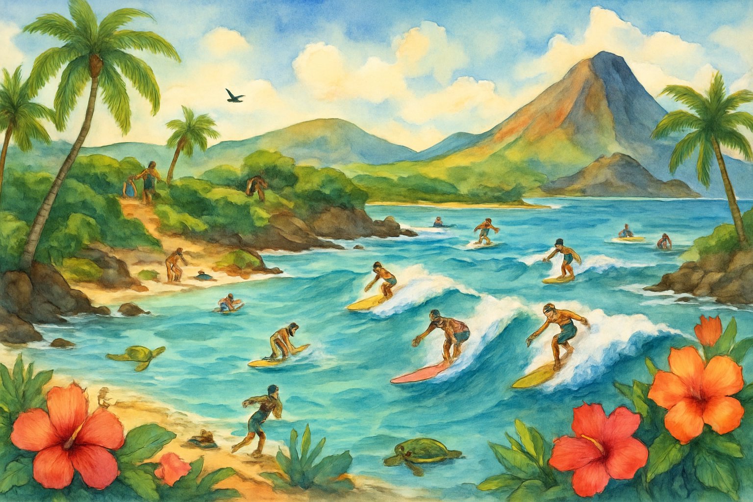 A Hawaiian island scene with surfers riding waves, palm trees, tropical flowers, mountains, and people enjoying beach and outdoor activities.