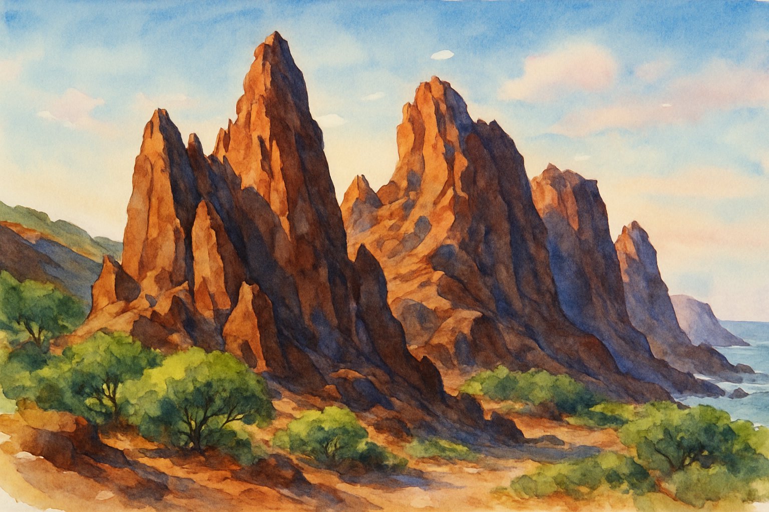 Rock formations on Lanai island with coastal vegetation and a sky with soft colors.