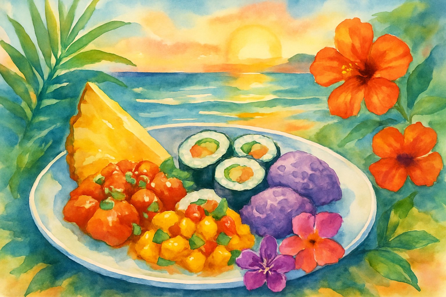 A colorful plate of Hawaiian fusion food with tropical plants and a beach sunset in the background.