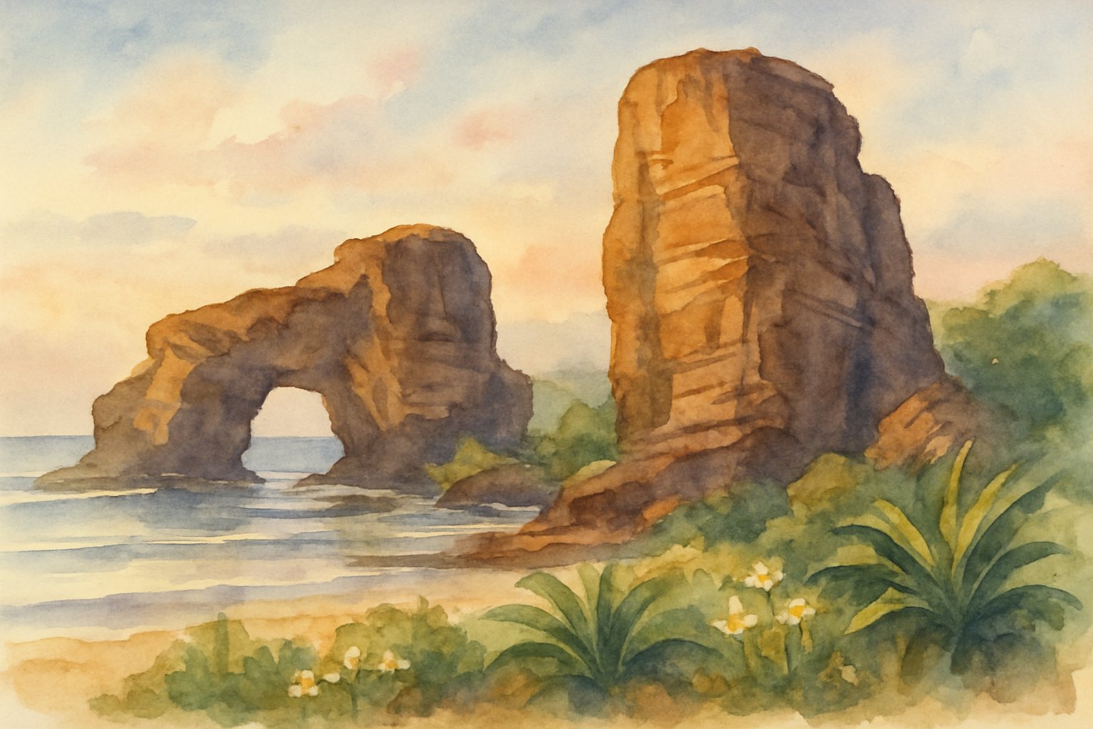 A coastal scene featuring distinctive large rock formations surrounded by greenery and calm ocean waters under a soft sunrise sky.