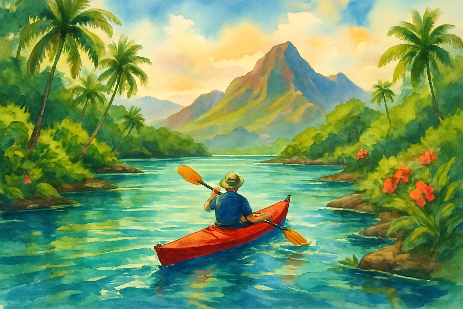 A kayaker paddling on clear blue water surrounded by tropical trees and mountains in Hawaii.