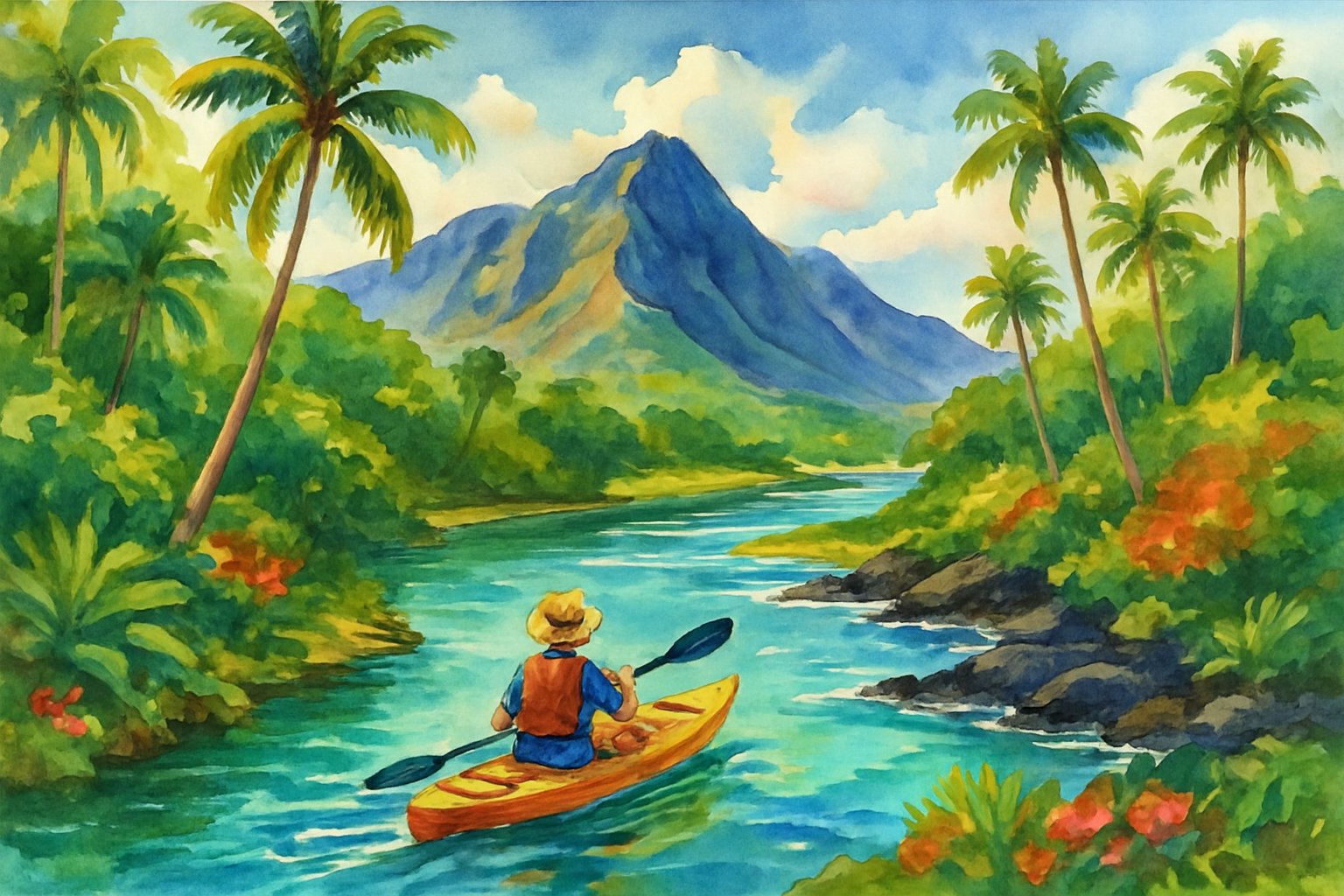 A person kayaking on clear blue water surrounded by tropical trees, mountains, and a calm bay with volcanic rocks.
