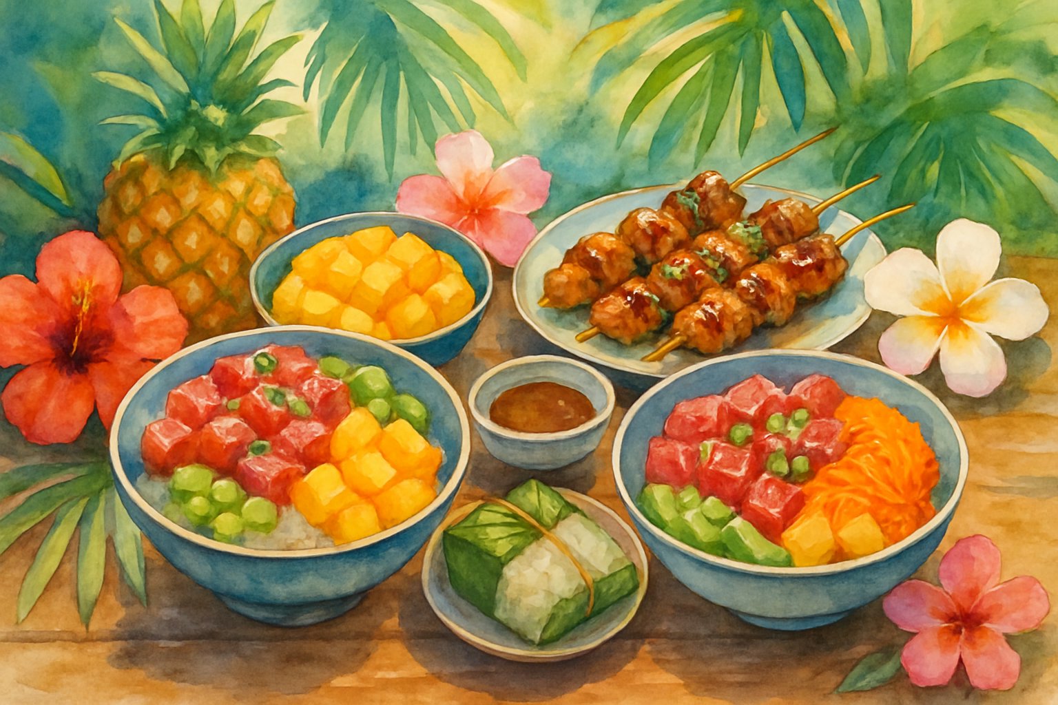 A table with a variety of Hawaiian fusion dishes including poke bowls, grilled skewers, tropical fruits, and sticky rice, surrounded by tropical flowers and palm leaves.