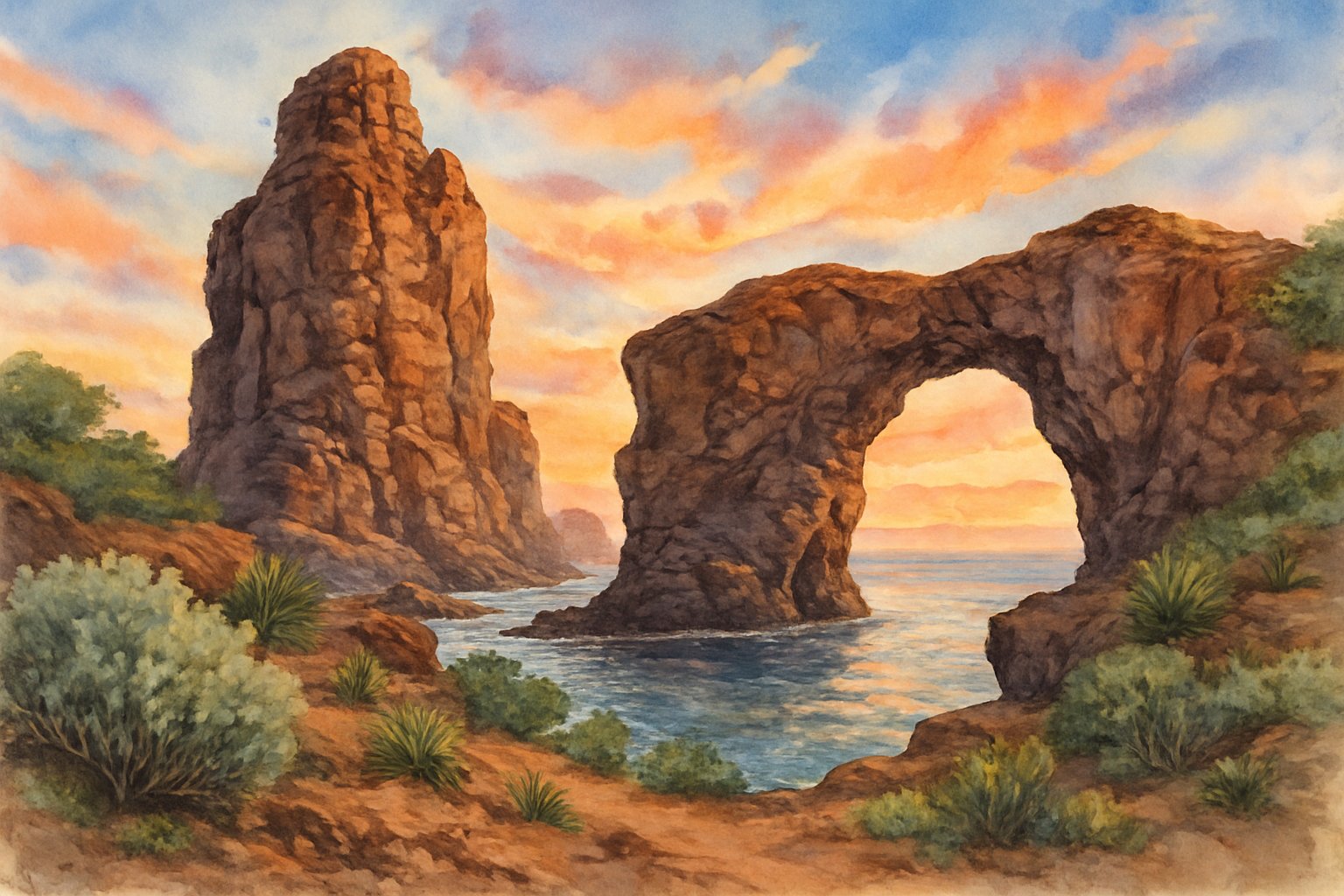 Rock formations on Lanai island with native plants and calm water under a colorful sunrise sky.