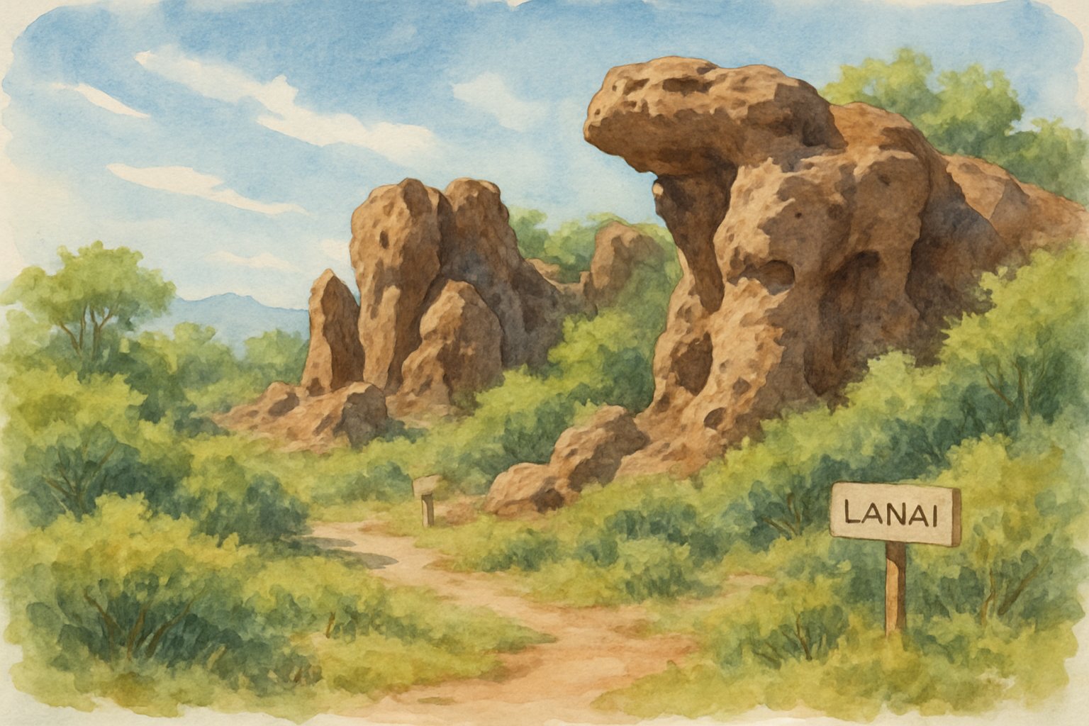 A natural landscape showing distinctive rock formations surrounded by green plants and a clear sky in the background.