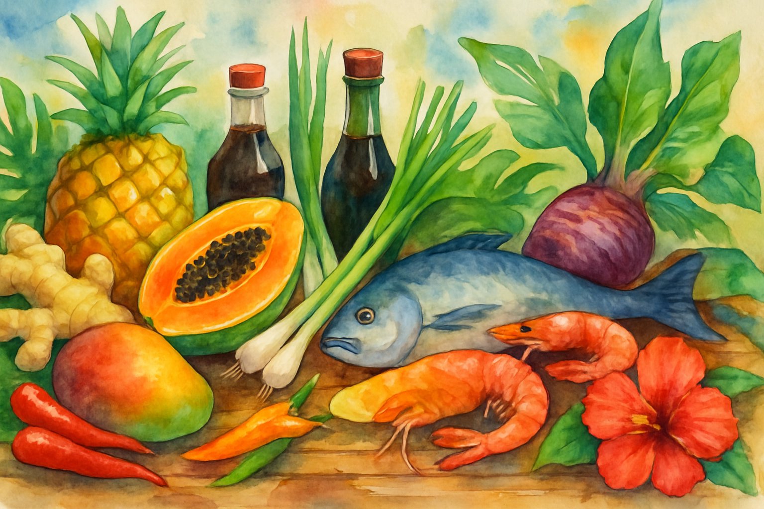 A colorful arrangement of tropical fruits, seafood, and Asian ingredients on a wooden table with green leaves and flowers around.