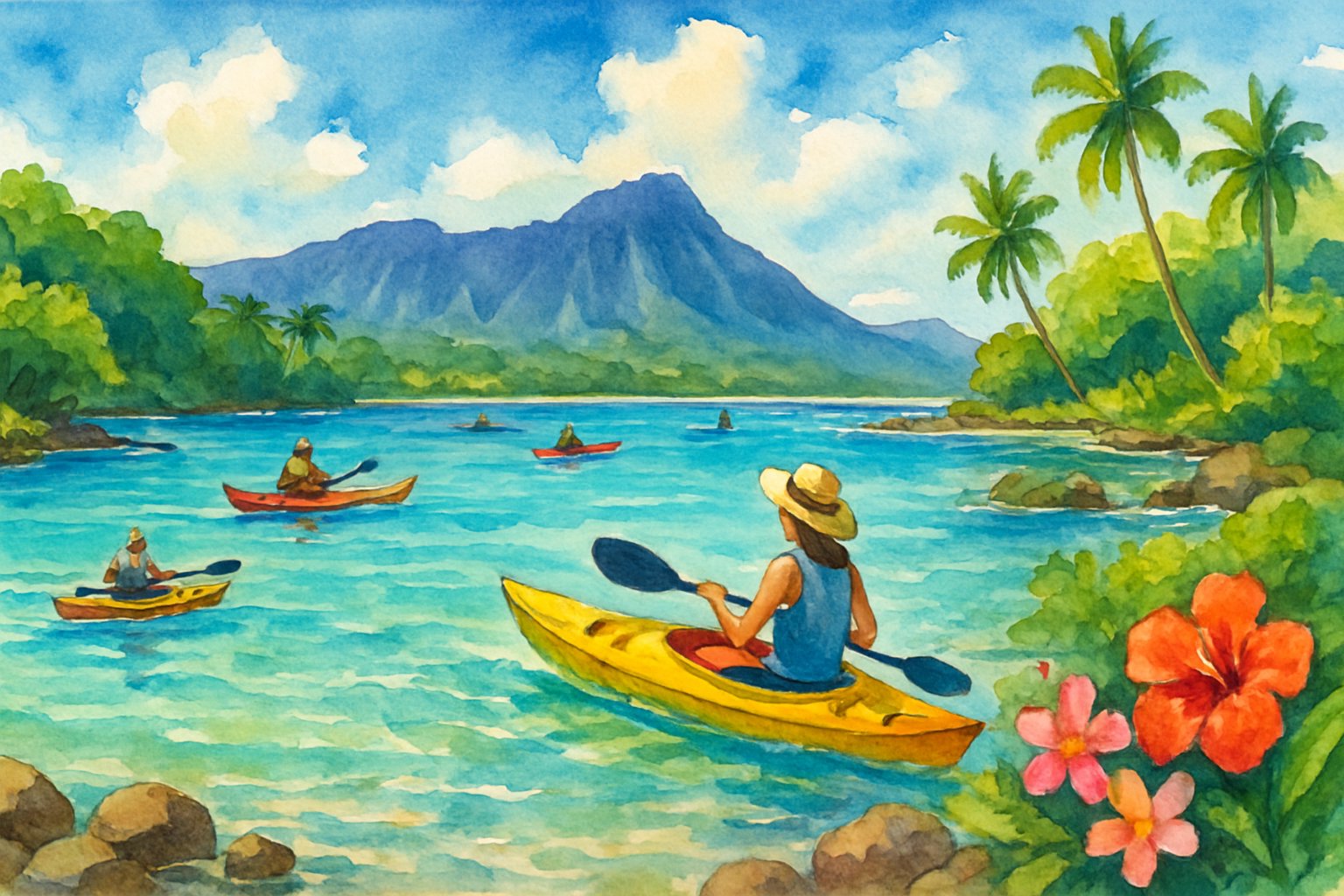 A peaceful Hawaiian bay with clear blue water, surrounded by green palm trees and mountains, with kayakers paddling on the calm water.