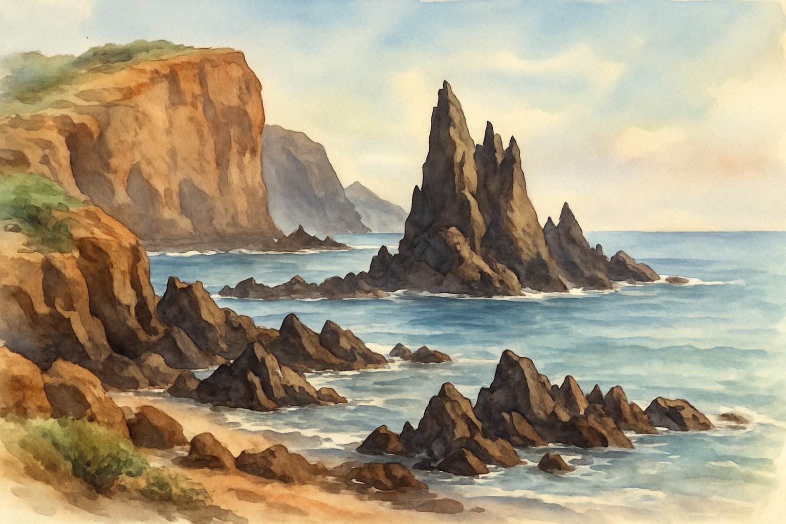 Rock formations rising from the ocean shore with calm waves and sparse coastal vegetation under a soft, colorful sky.