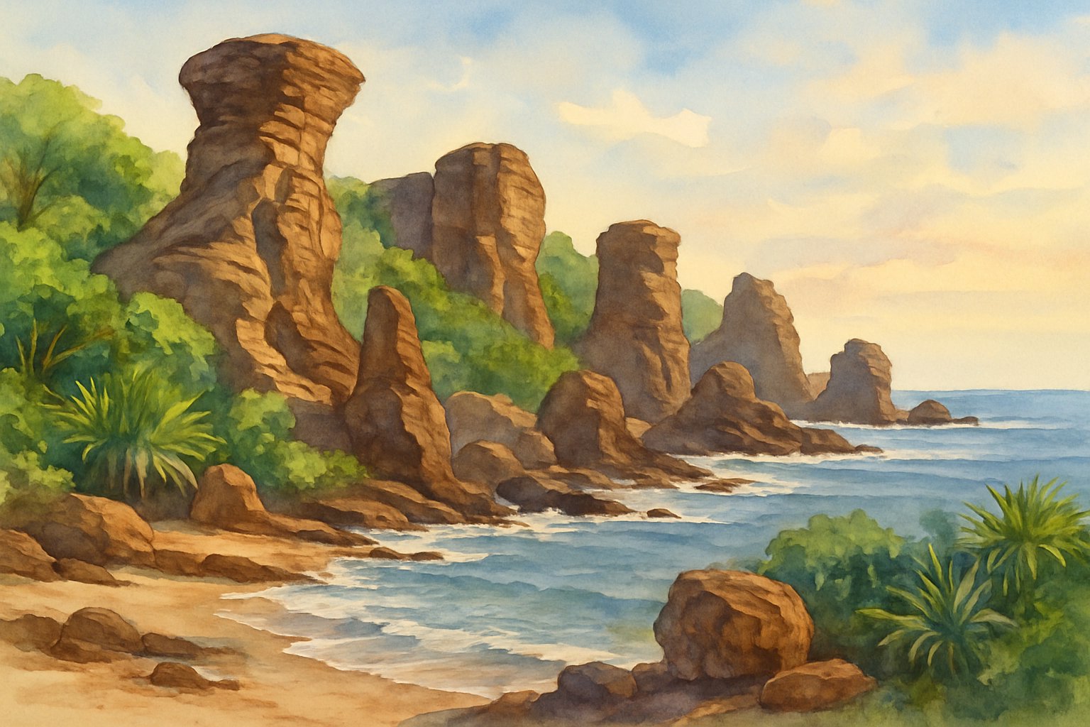 A coastal scene showing tall, uniquely shaped volcanic rock formations by the ocean, surrounded by green plants and calm water under a soft sky.