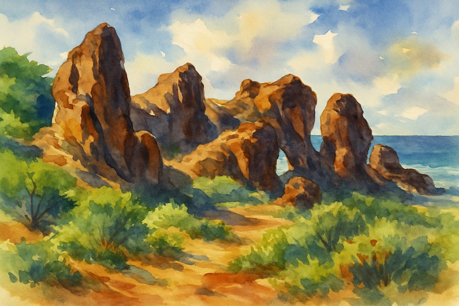 A coastal landscape showing tall, rugged volcanic rock formations surrounded by greenery and calm ocean waters under a partly cloudy sky.