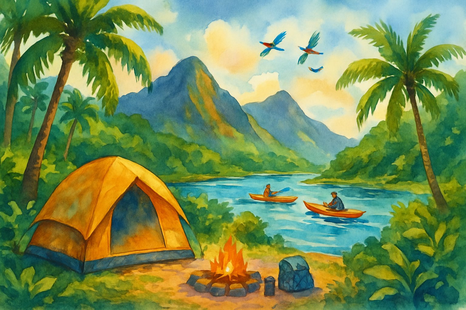 A campsite near a tropical river with two people kayaking surrounded by mountains, palm trees, and lush greenery.