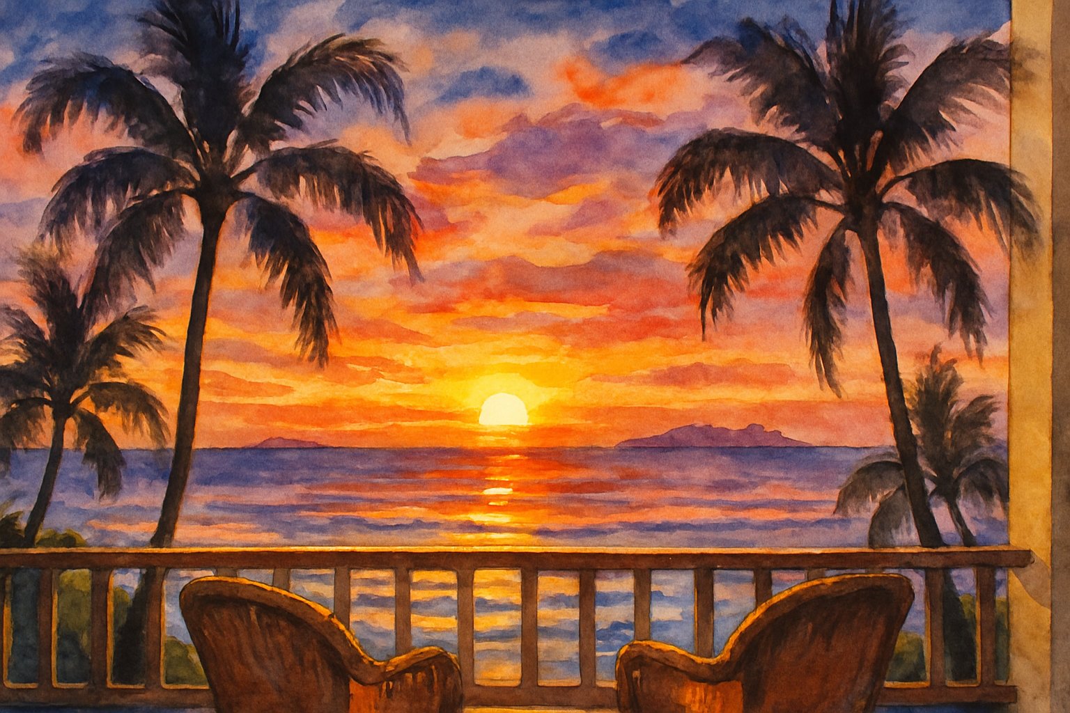 A sunset over the ocean viewed from a lanai with palm trees and calm waves reflecting the colorful sky.
