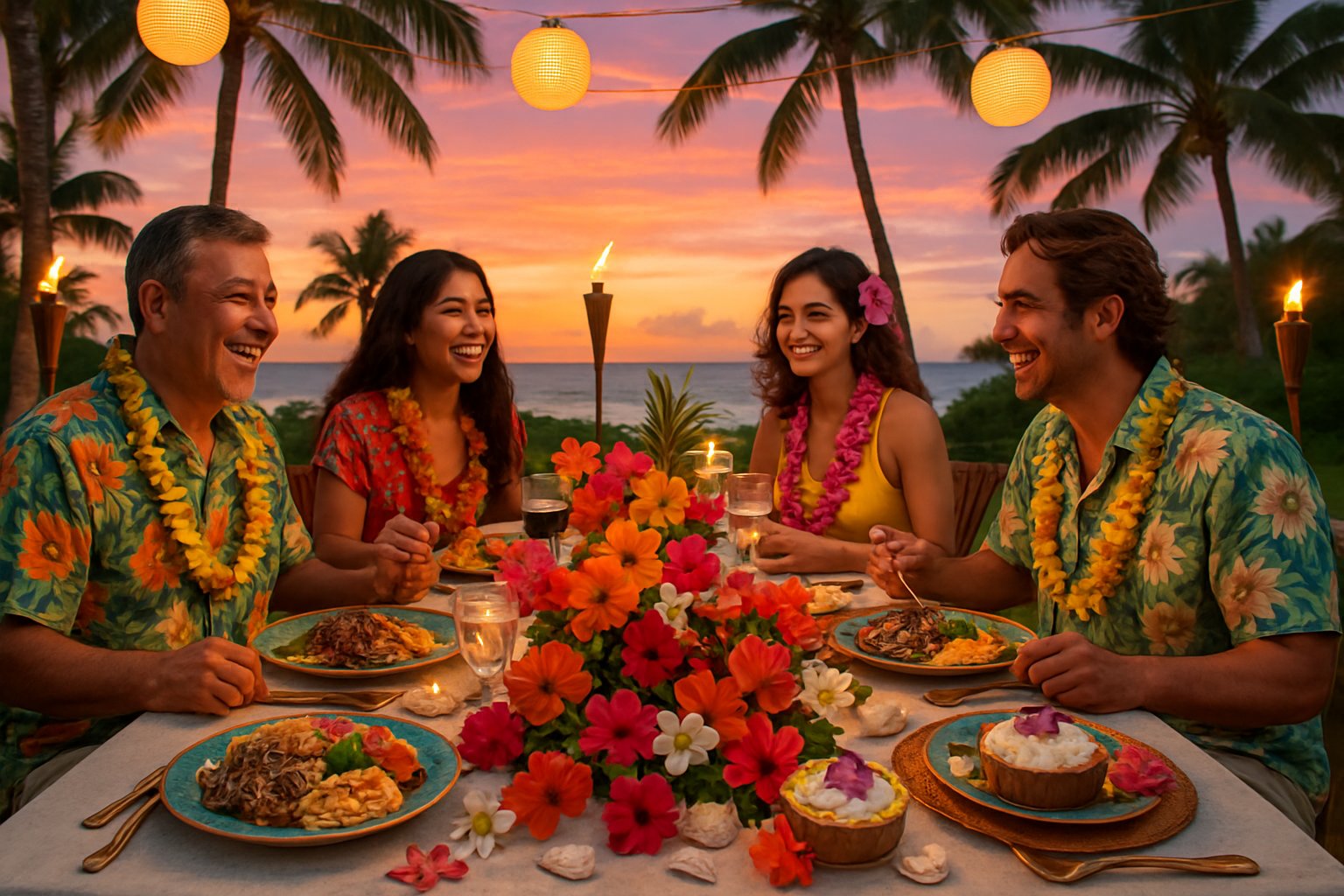 An outdoor dinner party with people enjoying a meal at a long table decorated with tropical flowers and traditional Hawaiian dishes, set near palm trees by the ocean at sunset.