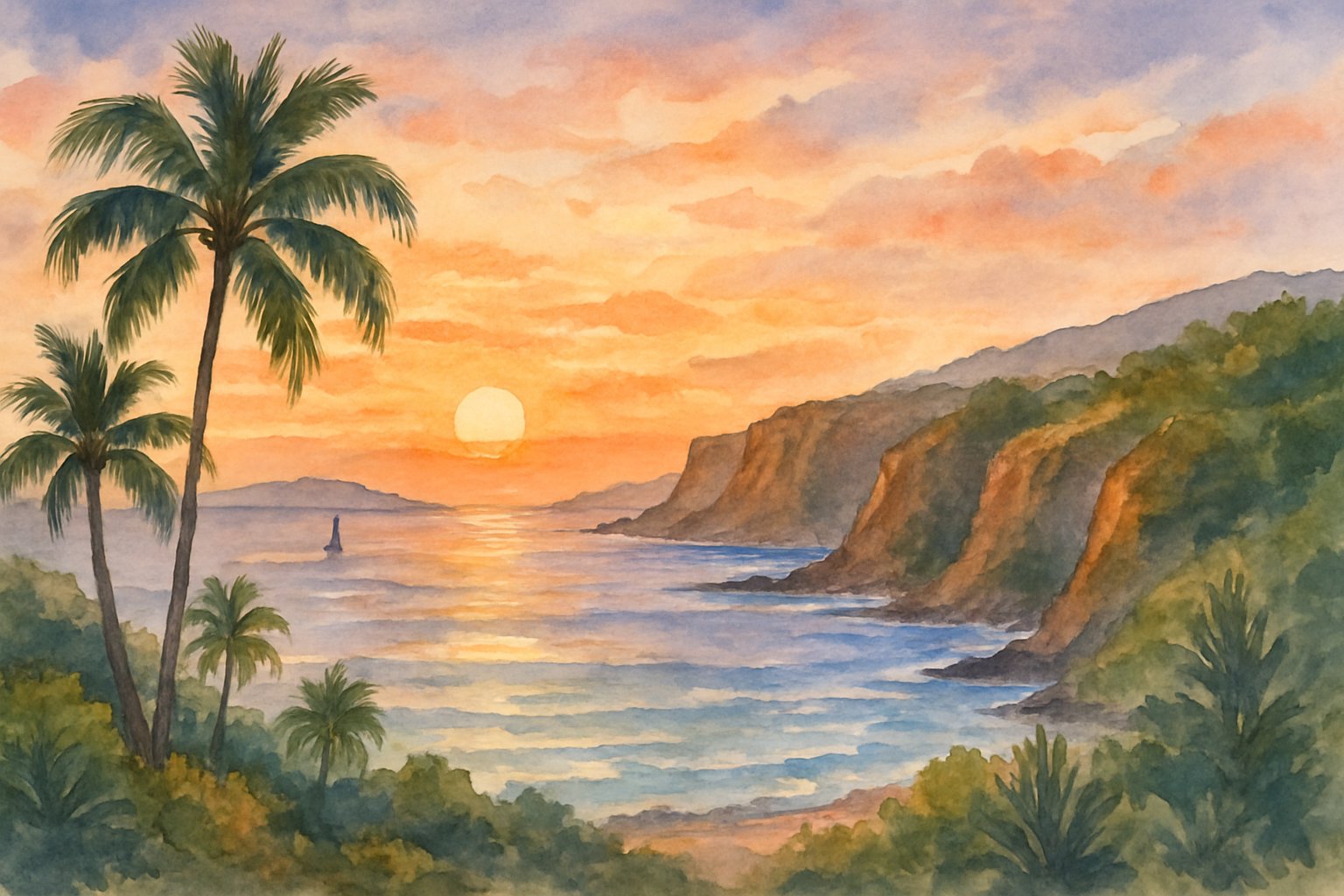 A coastal landscape showing cliffs, palm trees, and ocean with a colorful sunset sky and calm water.