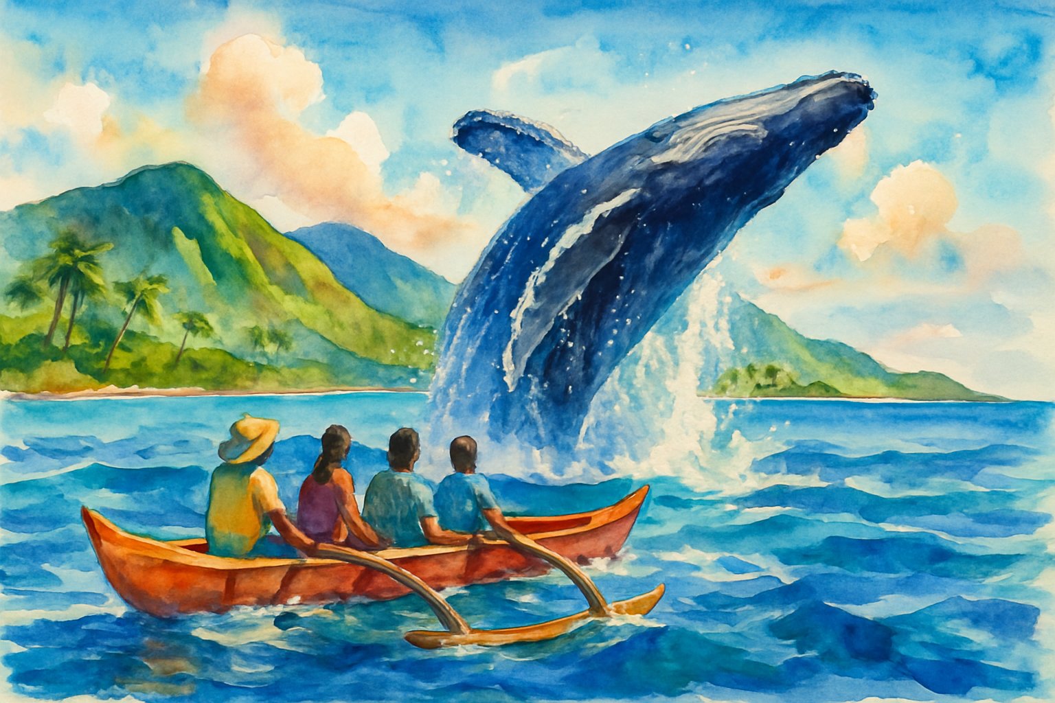 A group of people in a canoe watching a humpback whale breaching near tropical Hawaiian islands with palm trees and clear blue water.