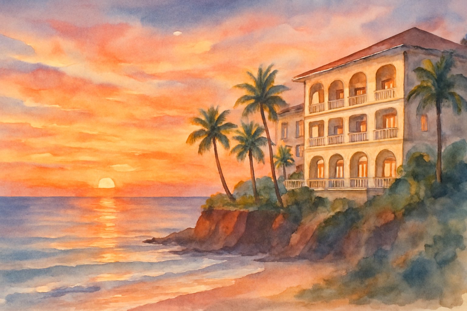 A hotel on a cliff by the ocean with palm trees and a beach at sunset, showing vibrant colors in the sky and calm water.