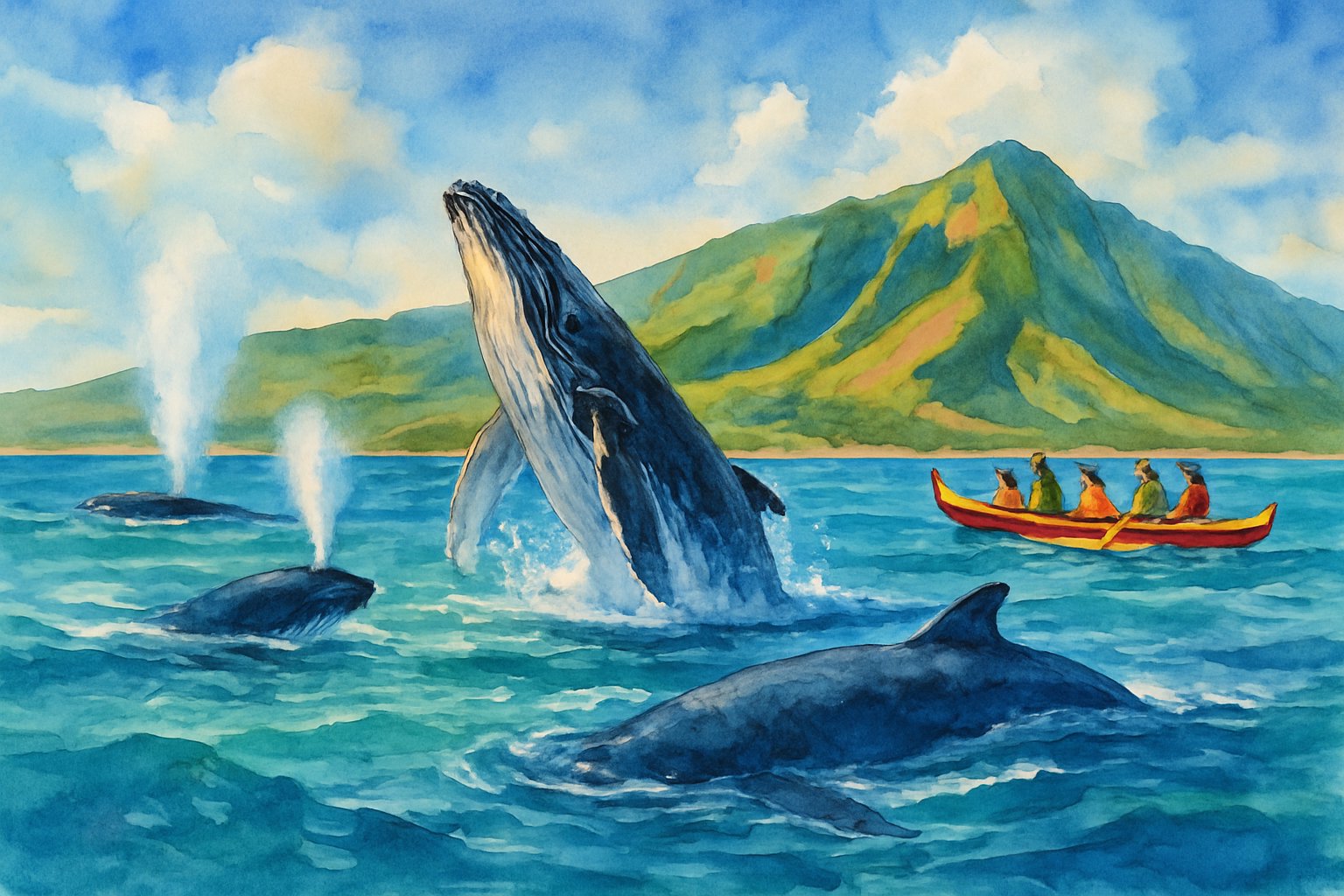 Humpback whales breaching in clear blue ocean near green volcanic mountains with a small canoe and observers watching.